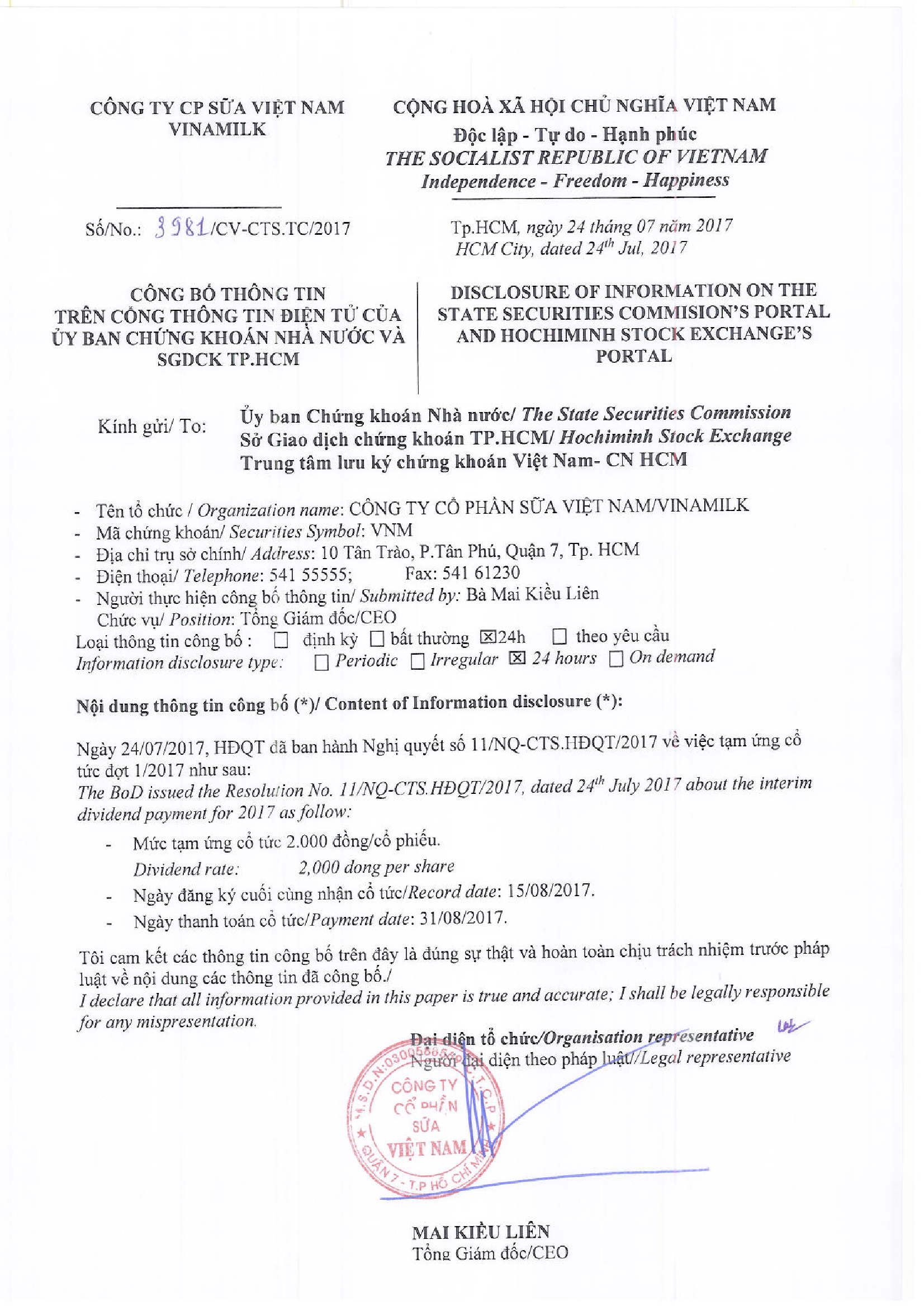 Nghị quyết của HĐQT về tạm ứng cổ tức đợt 1-2017 1