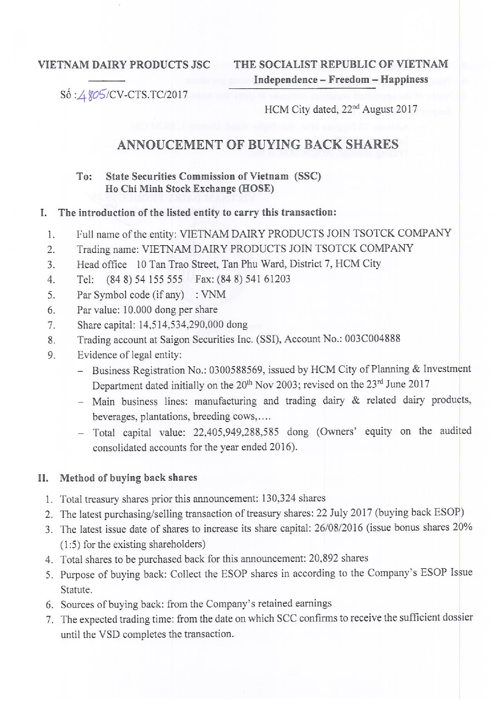 Annoucement of buying back shares 1