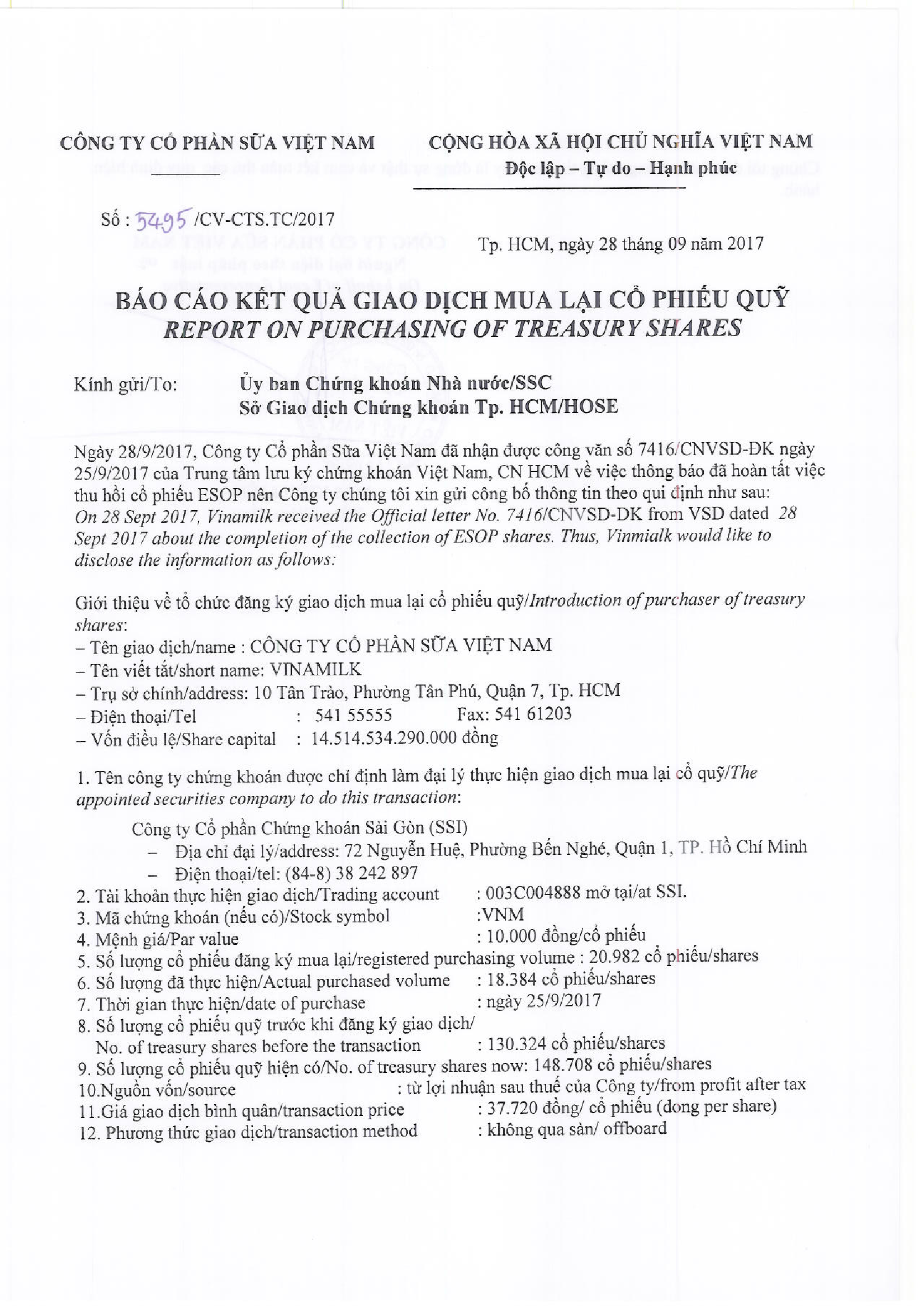 Report on purchasing of treasury shares 1