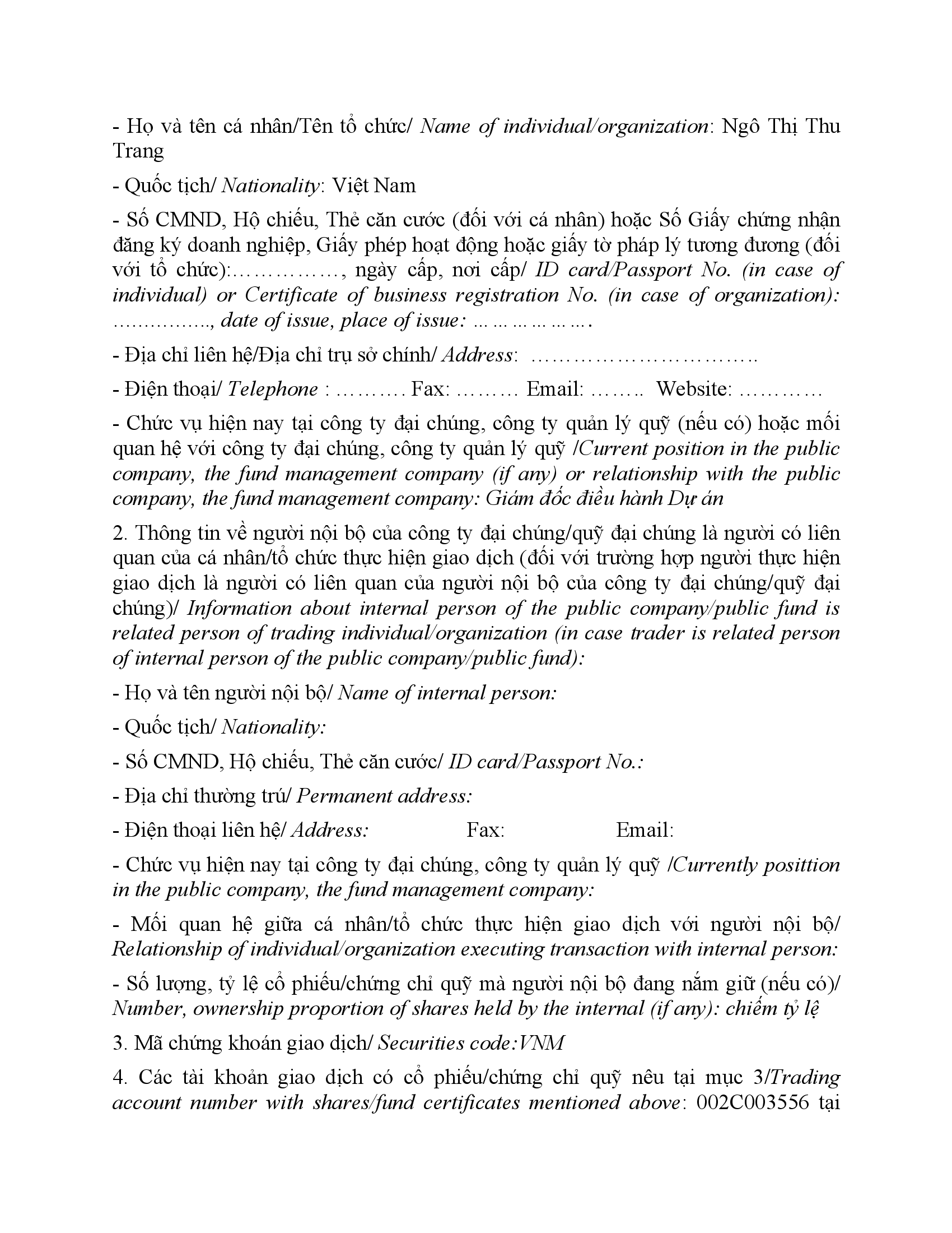 Thông báo giao dịch cổ phiếu/chứng chỉ quỹ của ngưởi nội bộ của công ty đại chúng, người nội bộ của quỹ đại chúng và người có liên quan của người nội bộ 2