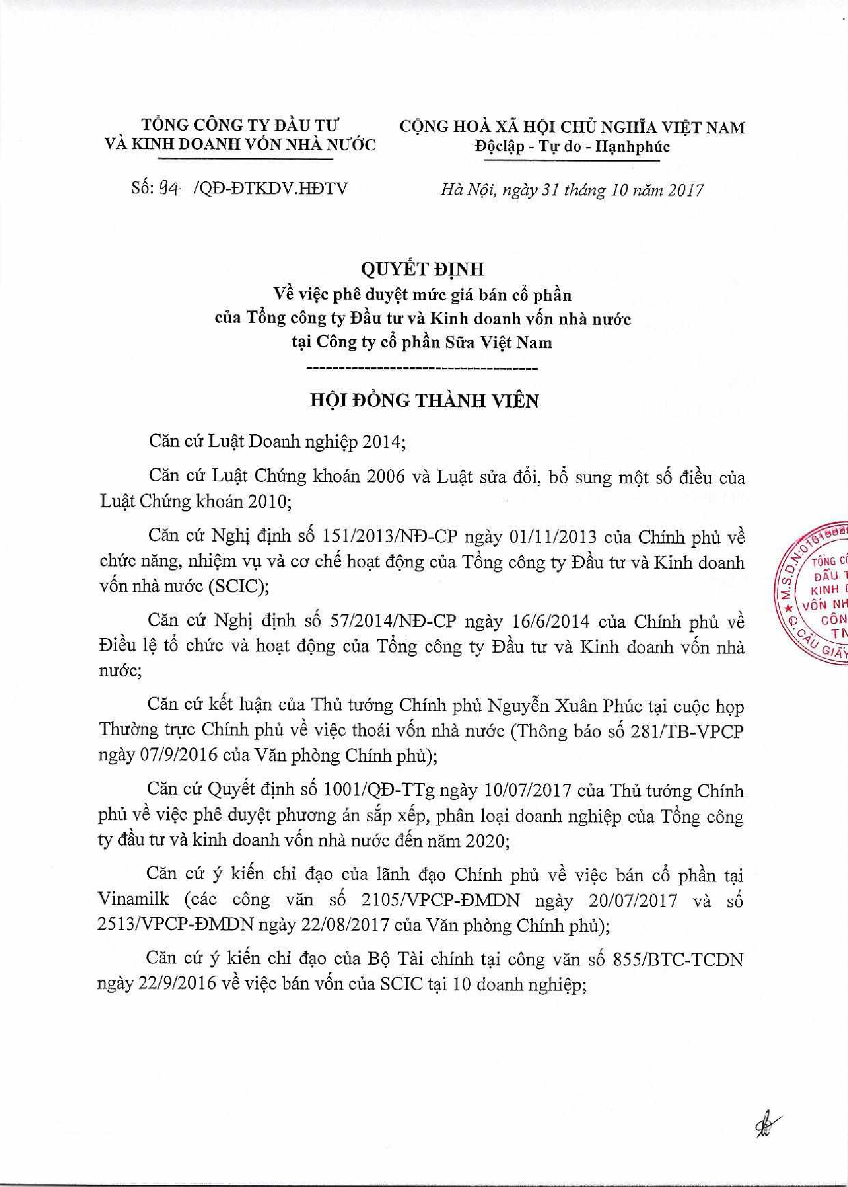 Công bố thông tin về giá khởi điểm chào bán cổ phần Vinamilk 1