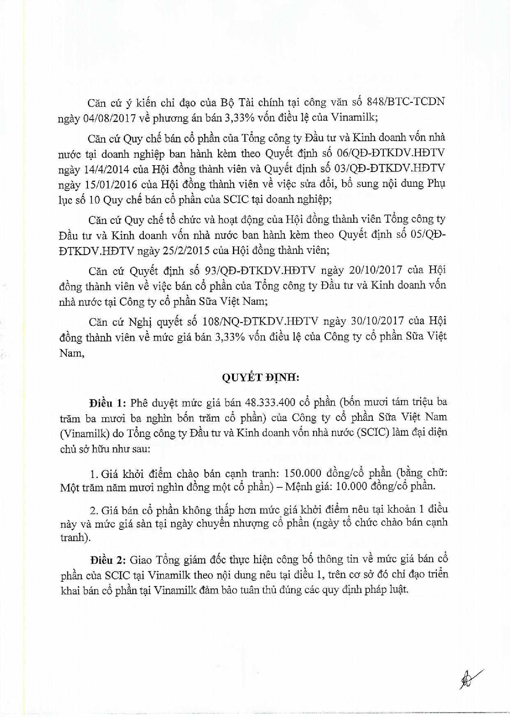 Công bố thông tin về giá khởi điểm chào bán cổ phần Vinamilk 2