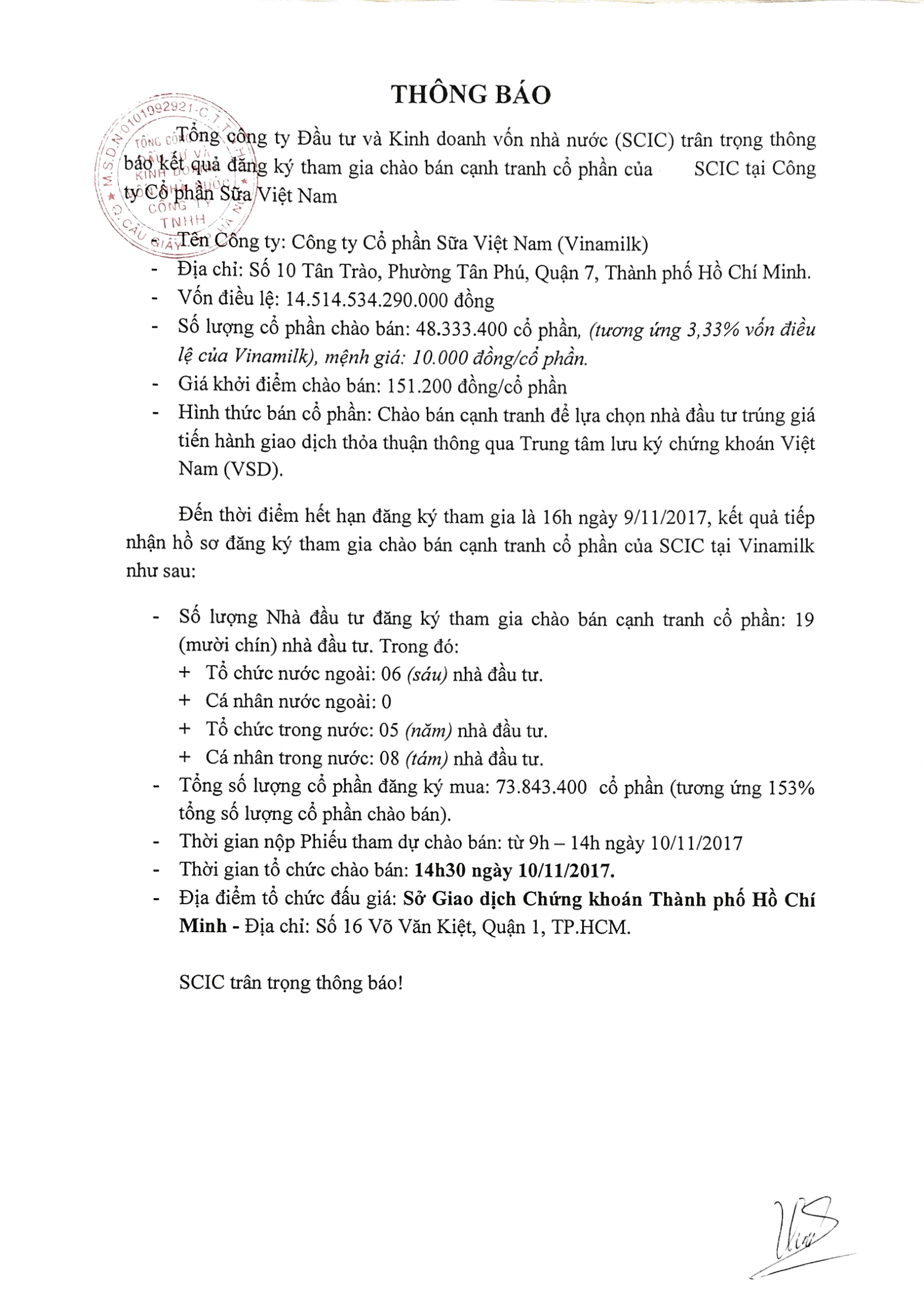 Thông báo số lượng và khối lượng đăng ký chào bán 1