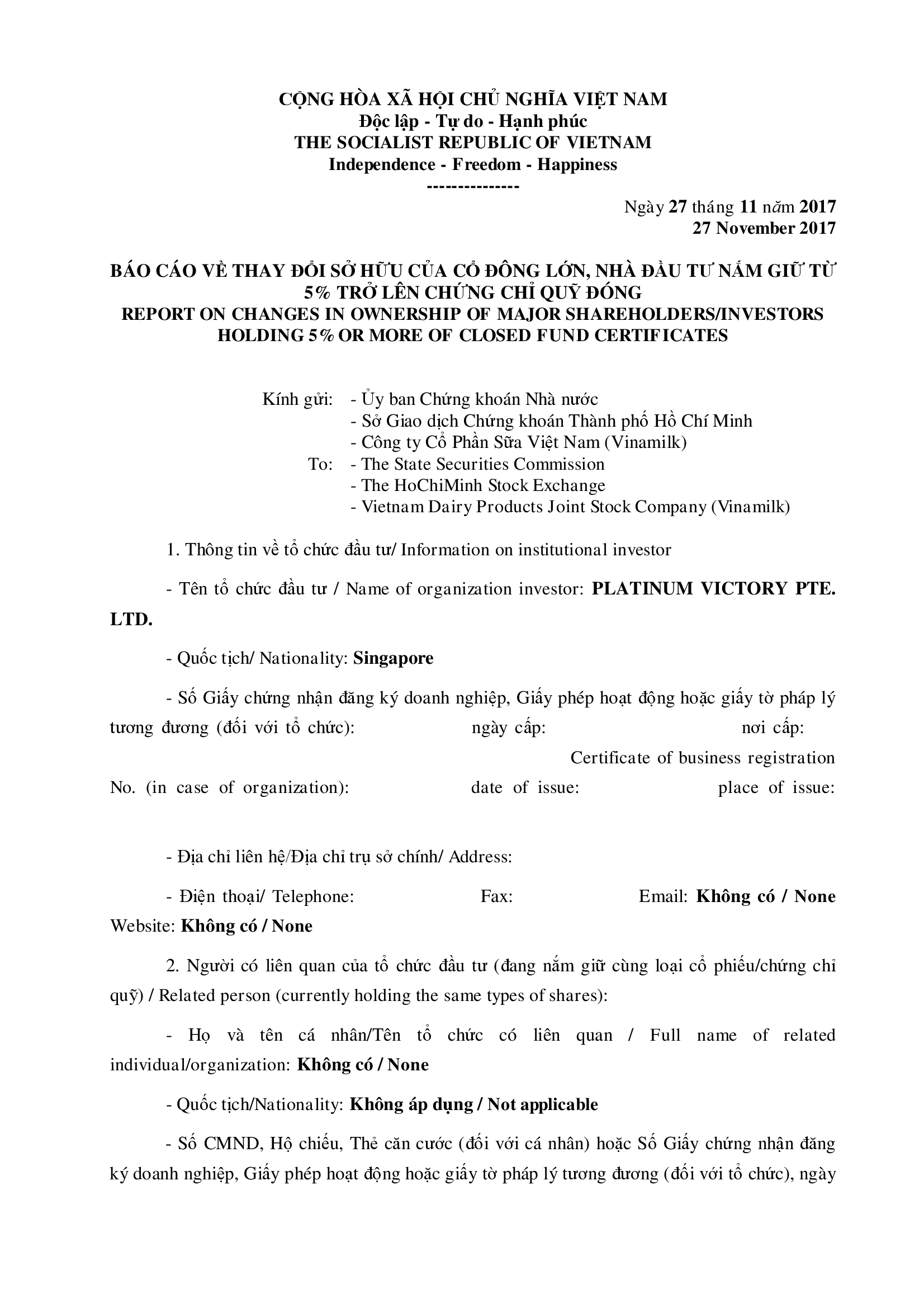 Report on changes in ownershop of major shareholders/investors holding 5% or more of closed fund certificates 1