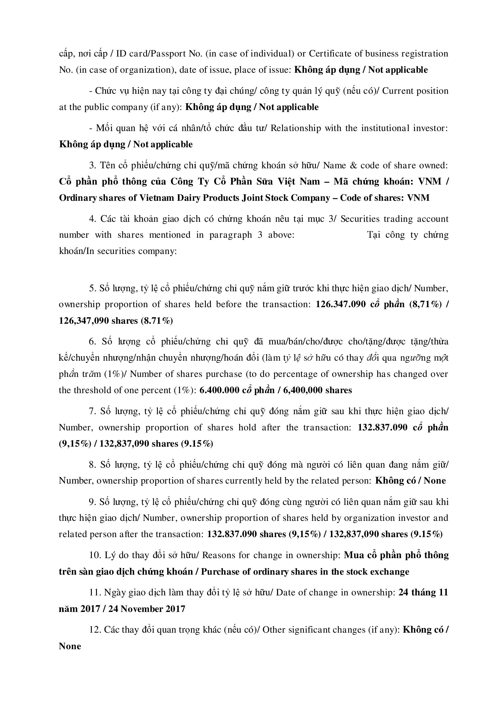 Báo cáo về thay đổi sở hữu của cổ đông lớn, nhà đầu tư nắm giữ từ 5% trở lên chứng chỉ quỹ đóng 2