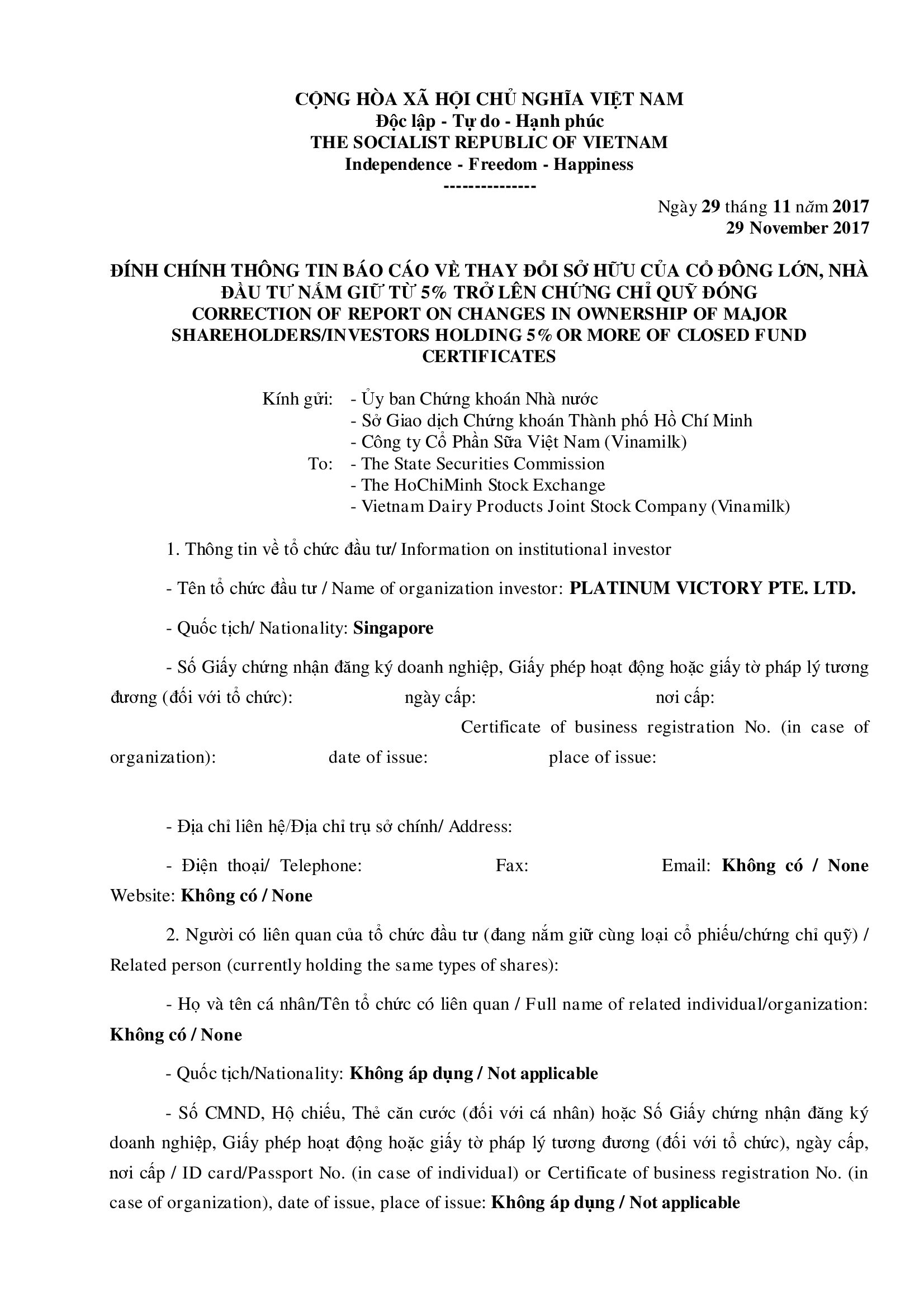 Đính chính thông tin báo cáo về thay đổi sở hữu của cổ đông lớn, nhà đầu tư nắm giữ từ 5% trở lên chứng chỉ quỹ đóng 1