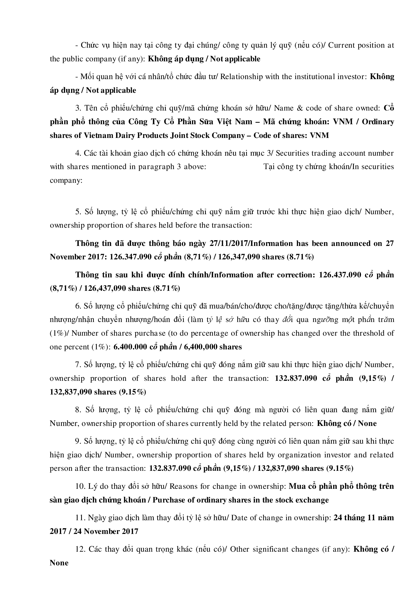 Đính chính thông tin báo cáo về thay đổi sở hữu của cổ đông lớn, nhà đầu tư nắm giữ từ 5% trở lên chứng chỉ quỹ đóng 2
