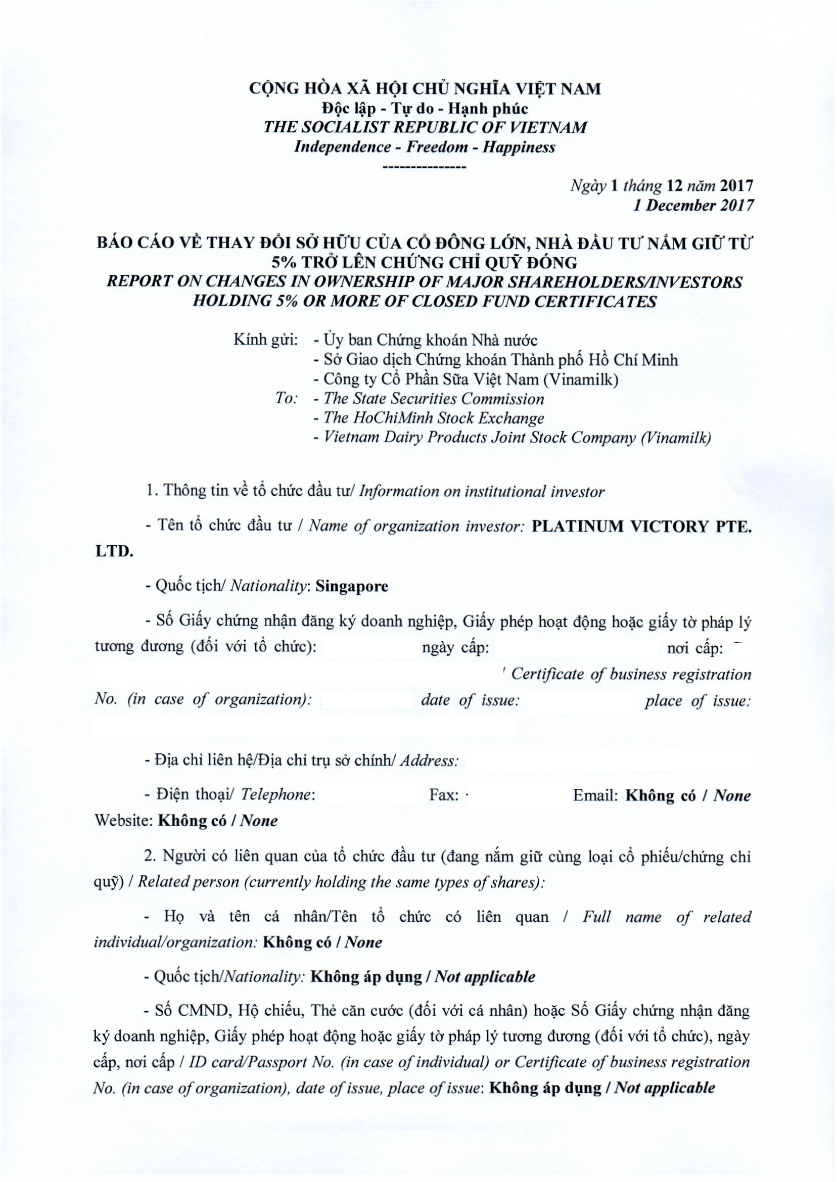 Report on changes in ownership of major shareholders/investors holding 5% or more of closed fund certificates 1