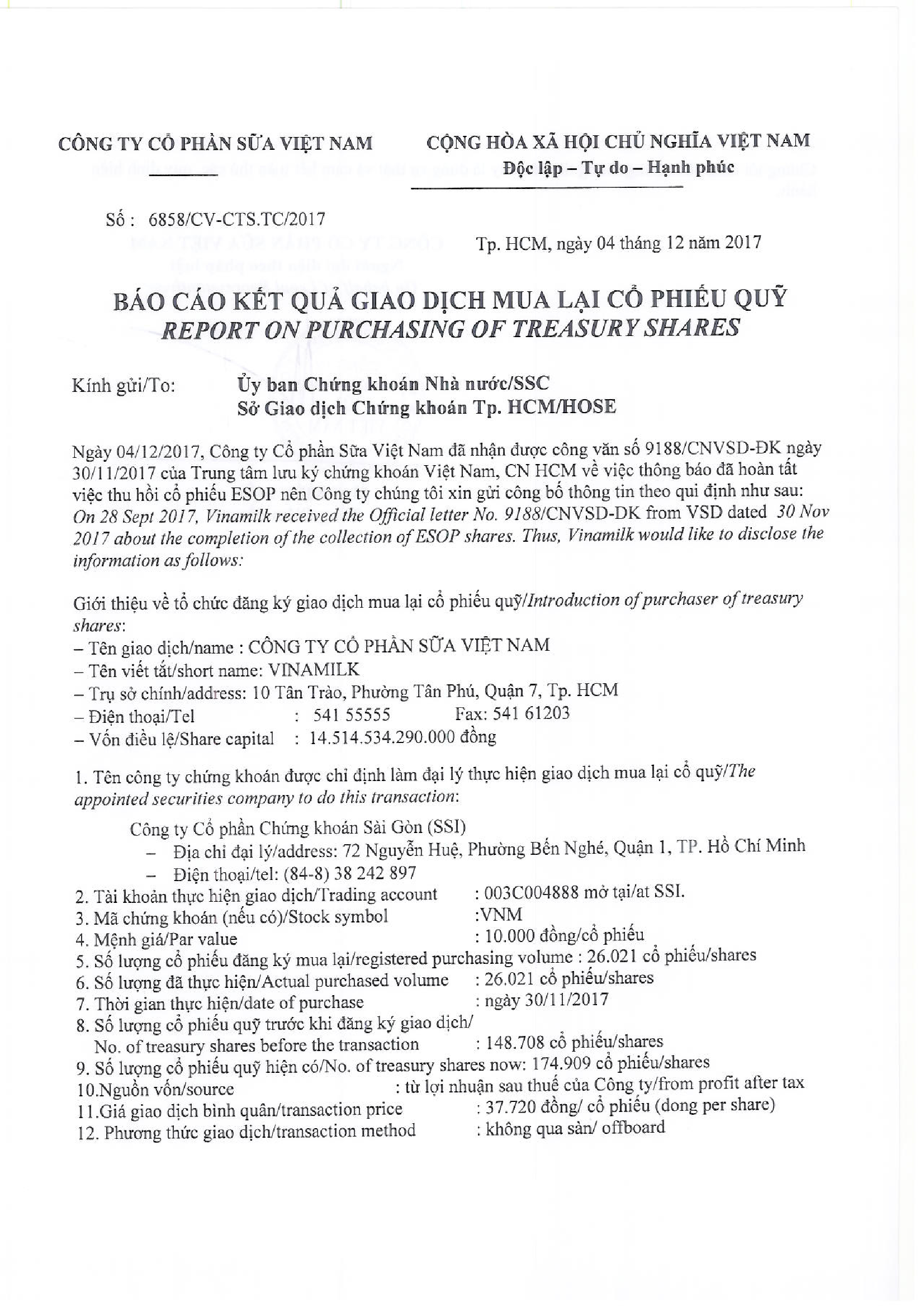 Report on purchasing of treasury shares 1