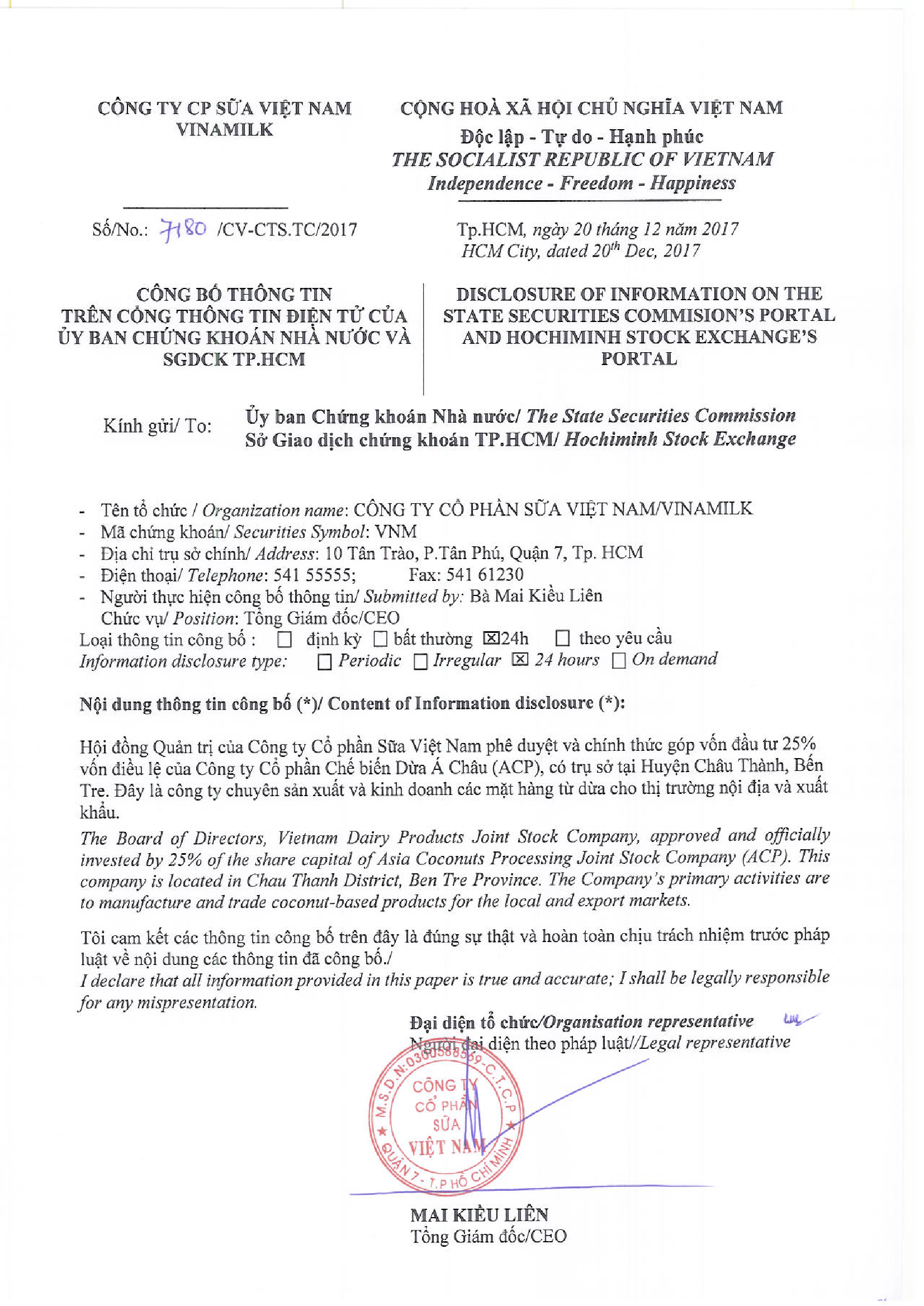 Vinamilk Invested 25% of share capital of Asia Coconuts Processing Joint Stock Company (ACP) 1