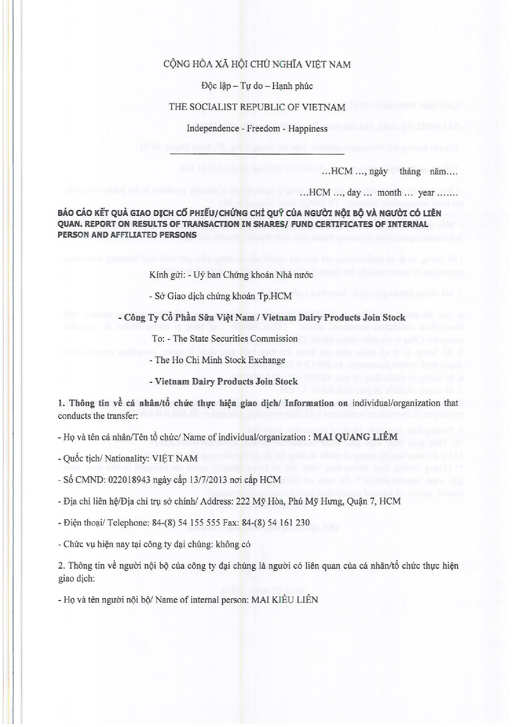 Report on result of transaction in shares/ fund certificates of internal person and affiliated persions 1