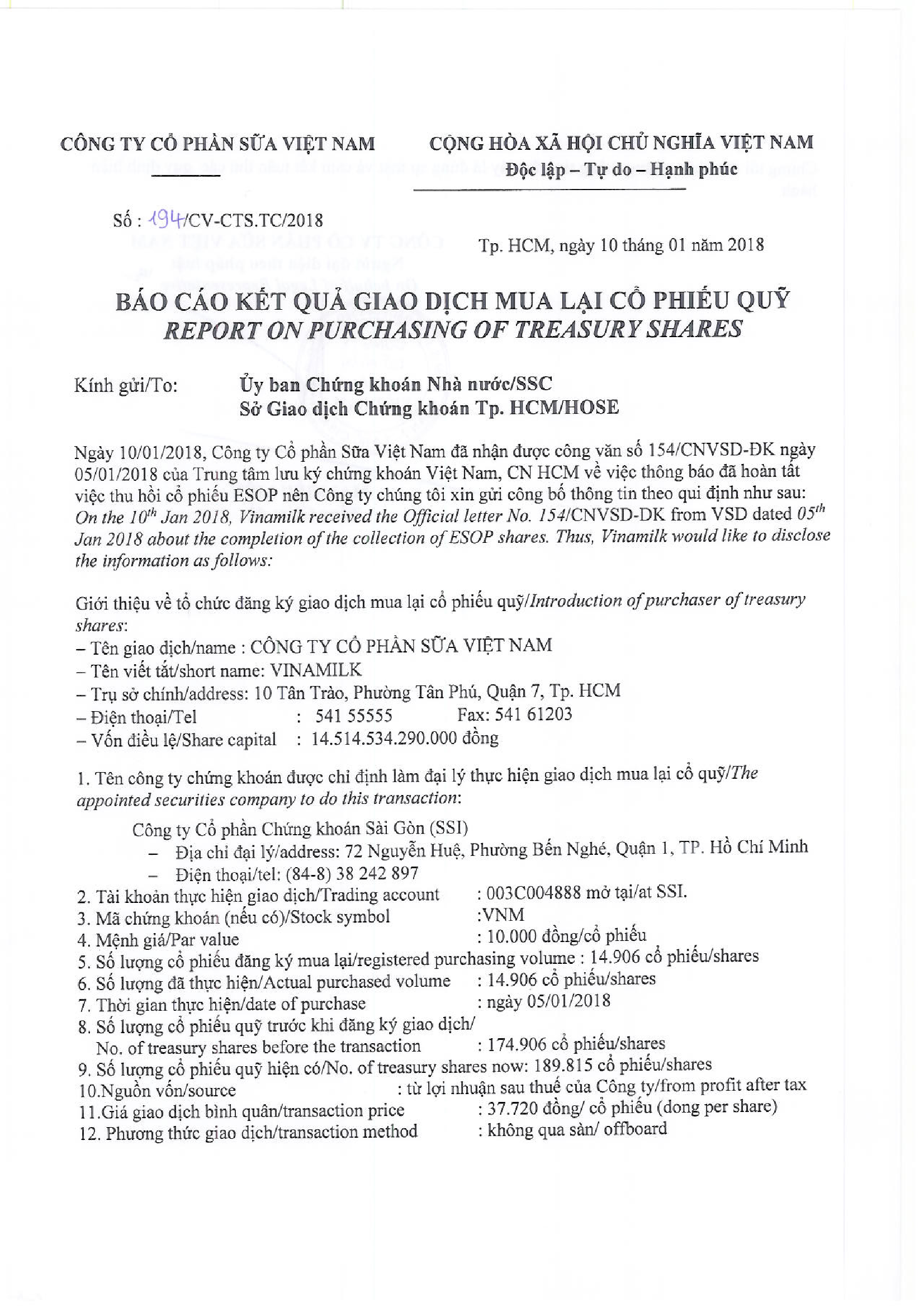 Báo cáo kết quả giao dịch mua lại cổ phiếu quỹ 1
