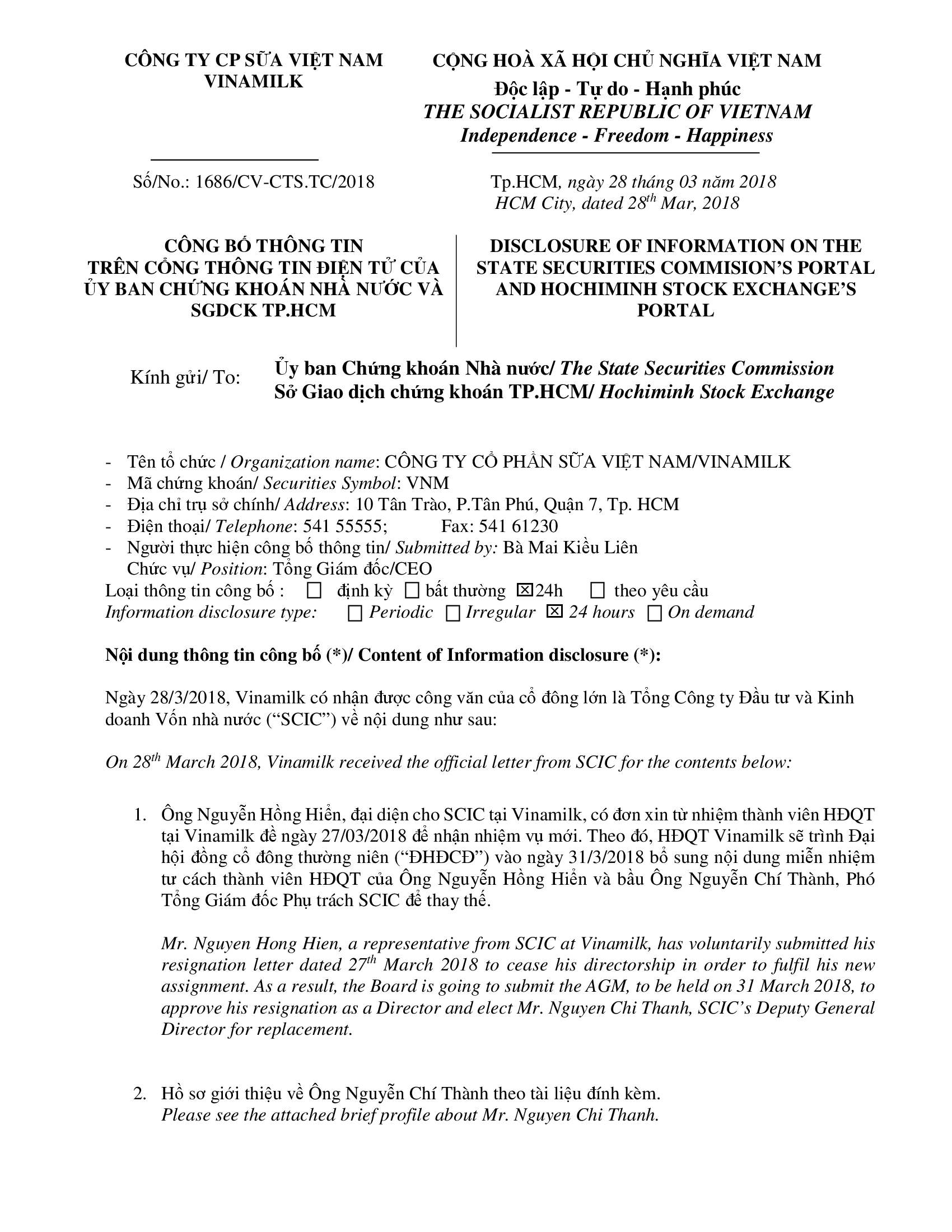 Disclosure of information on the state securities commision's portal and Hochiminh stock exchange's portal 1