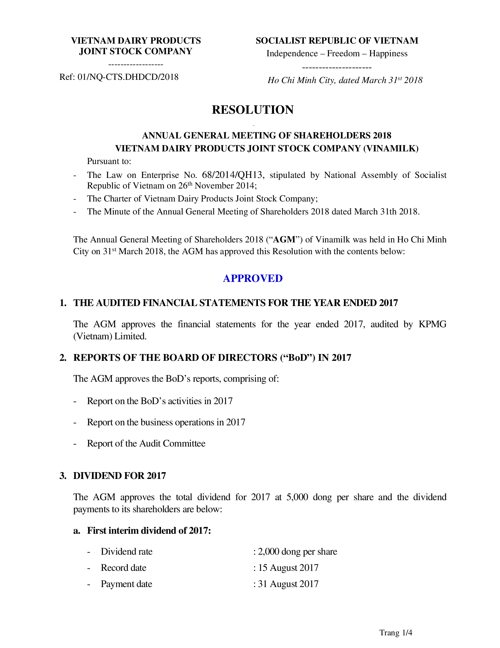 Resolution annual general meeting of shareholders 2018 Vietnam dairy products joint stock company (Vinamilk) 1