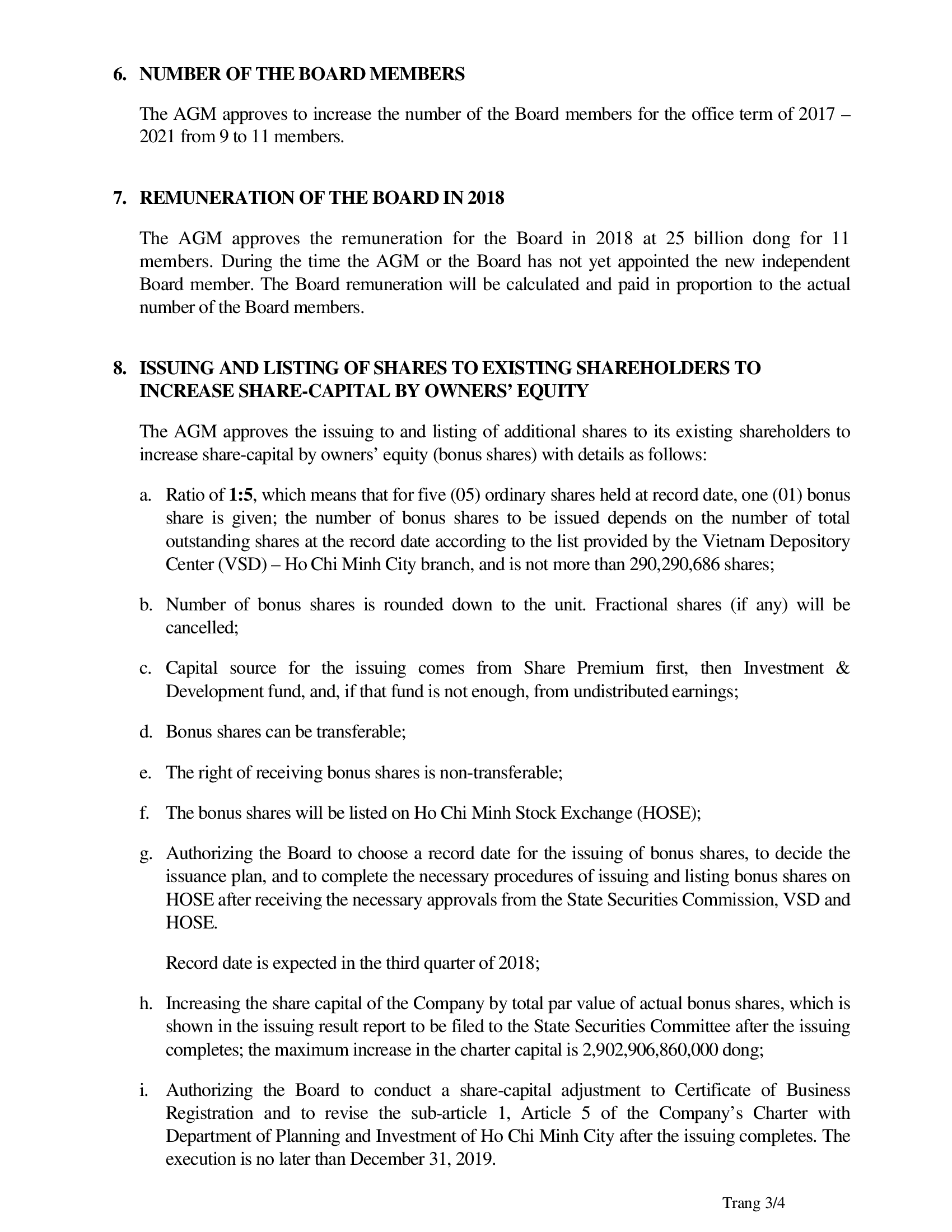 Resolution annual general meeting of shareholders 2018 Vietnam dairy products joint stock company (Vinamilk) 3