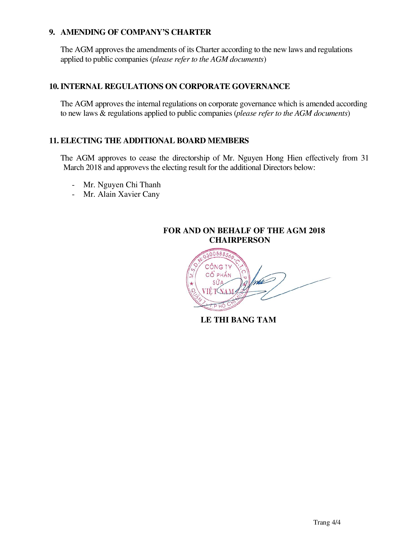 Resolution annual general meeting of shareholders 2018 Vietnam dairy products joint stock company (Vinamilk) 4