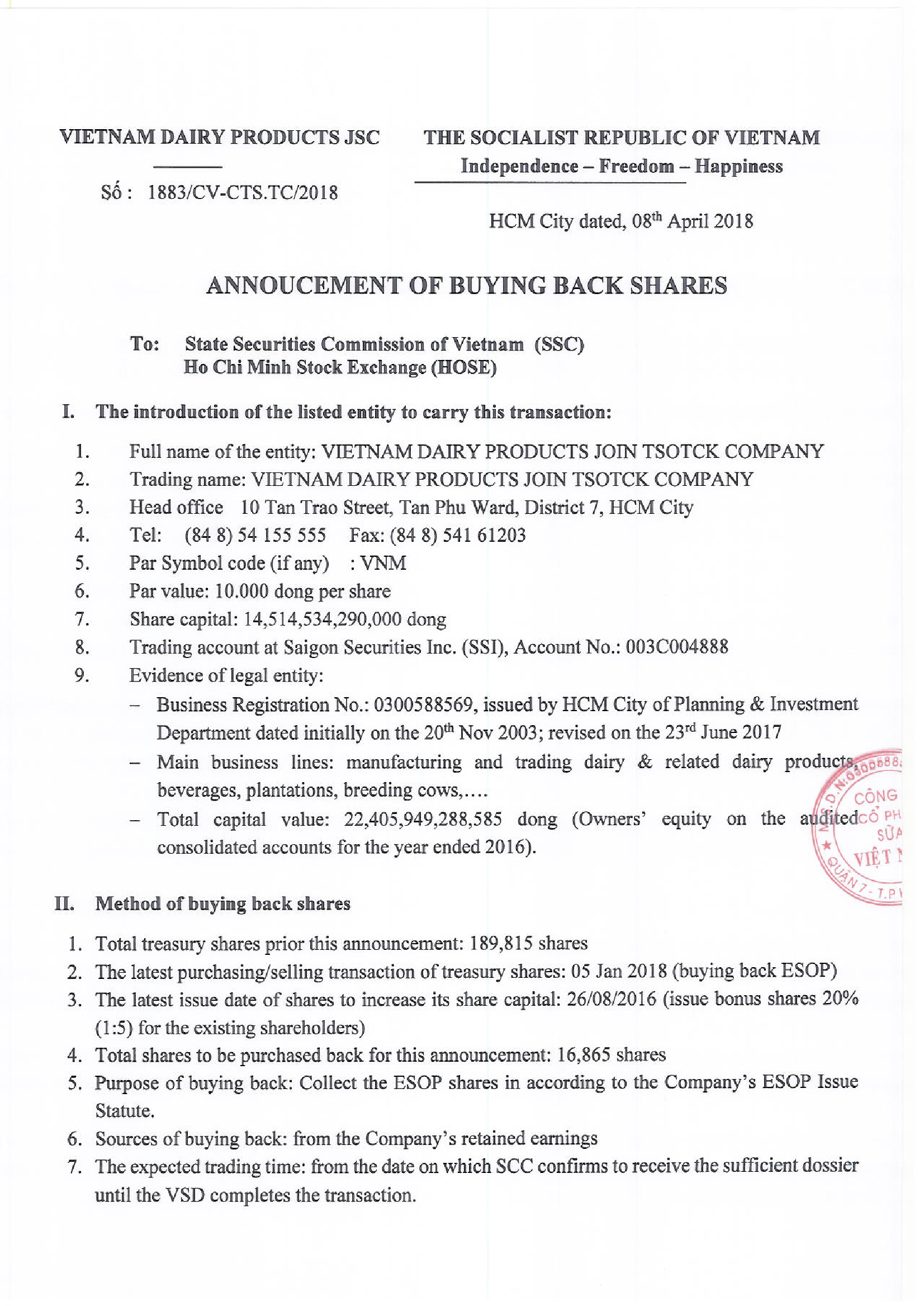 Annoucement of buying back shares 1