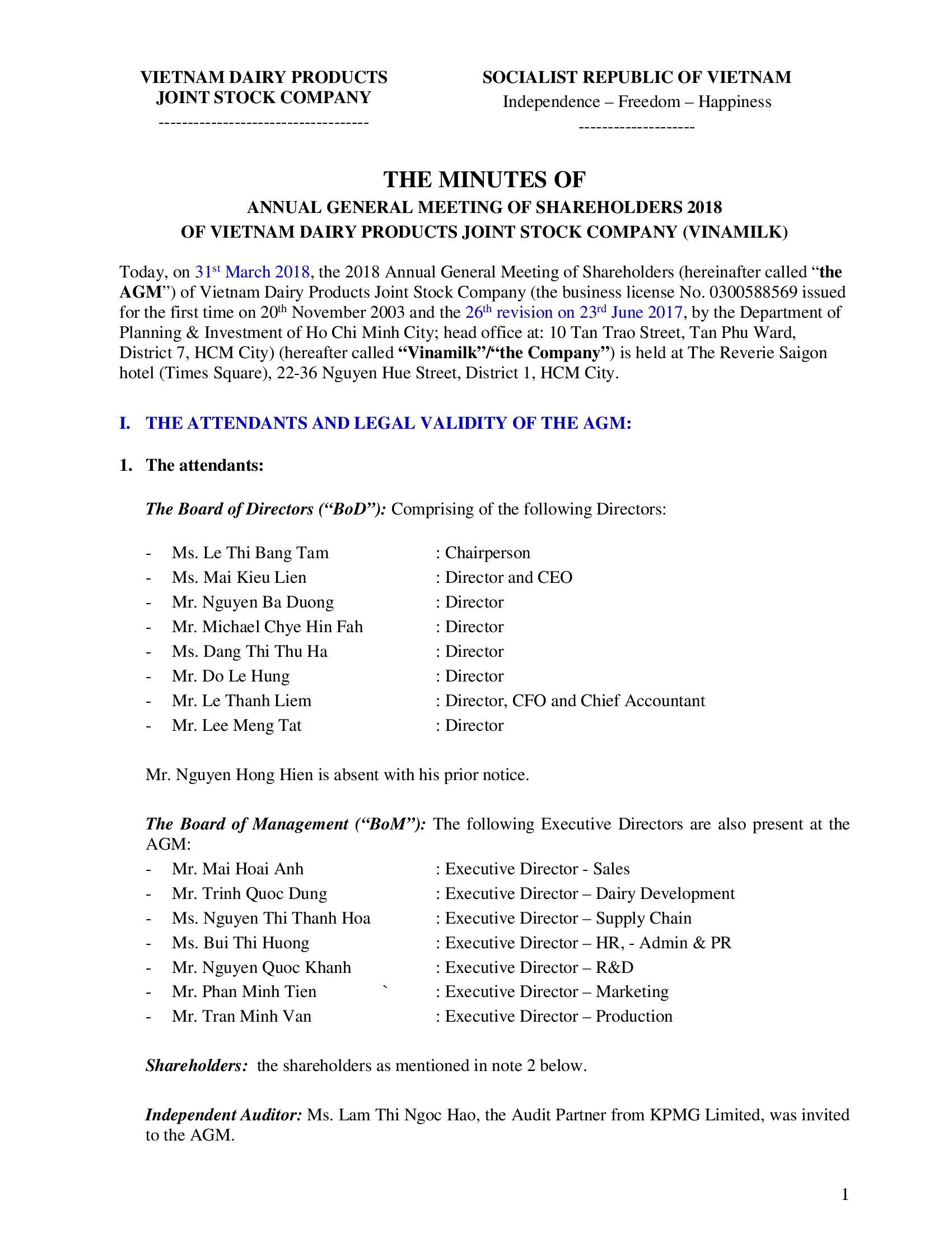 The minutes of annual general meeting of shareholders 2018 of Vietnam Dairy Products Joint Stock Company (Vinamilk) 1