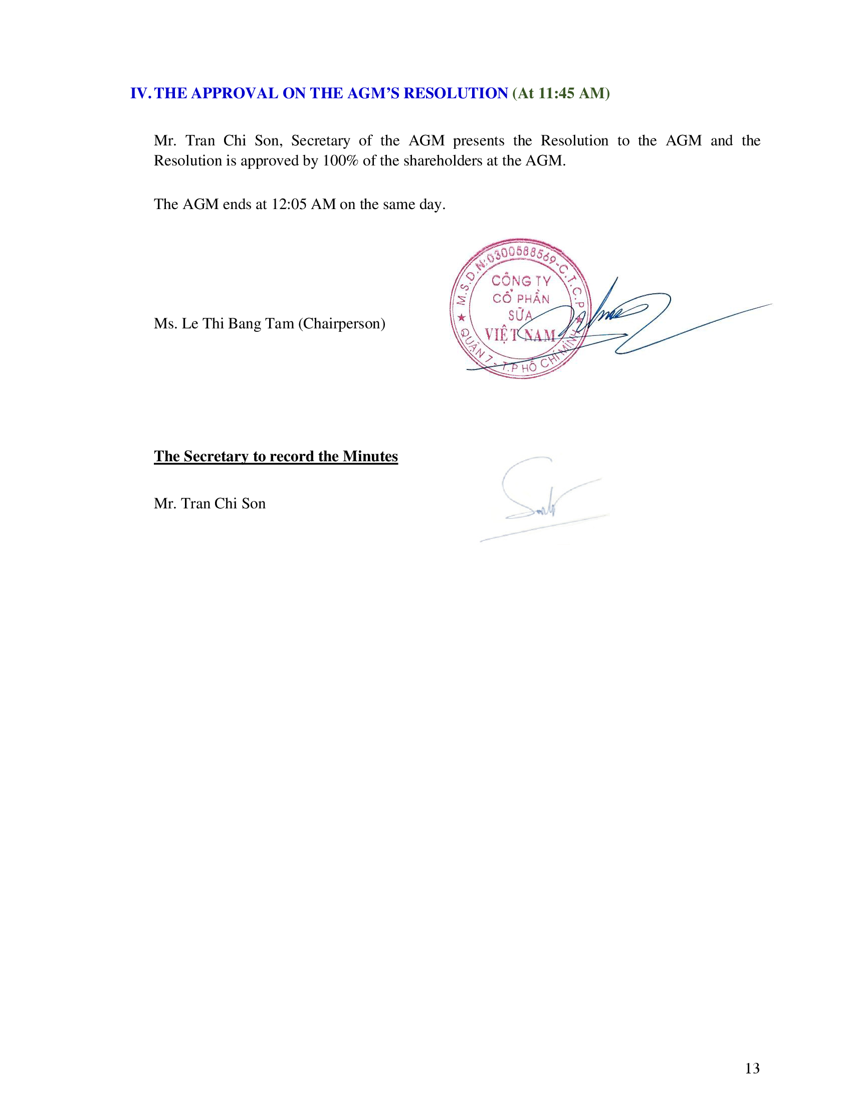 The minutes of annual general meeting of shareholders 2018 of Vietnam Dairy Products Joint Stock Company (Vinamilk) 13