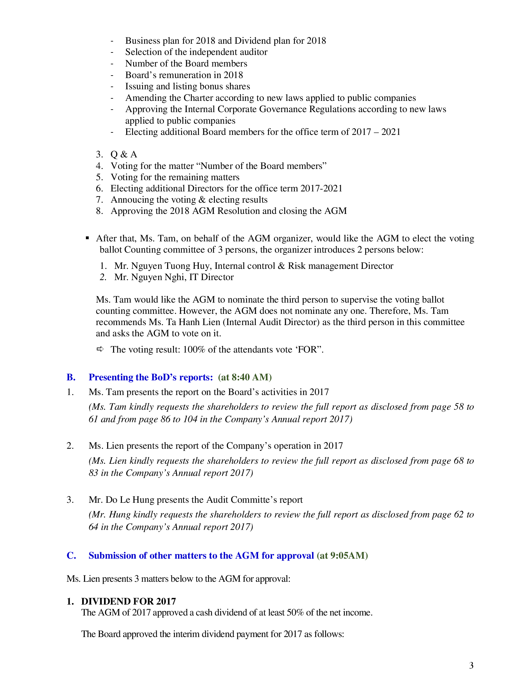 The minutes of annual general meeting of shareholders 2018 of Vietnam Dairy Products Joint Stock Company (Vinamilk) 3