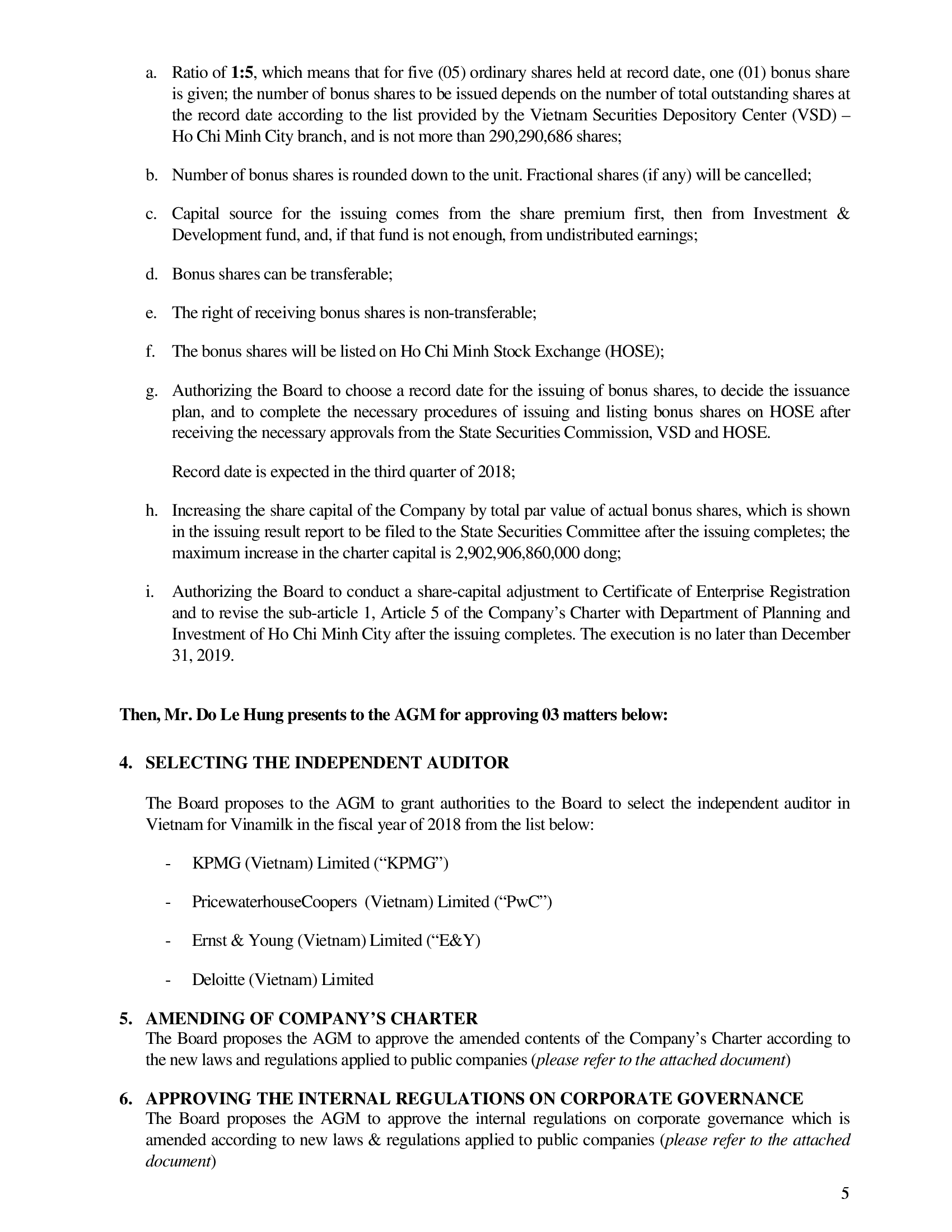 The minutes of annual general meeting of shareholders 2018 of Vietnam Dairy Products Joint Stock Company (Vinamilk) 5