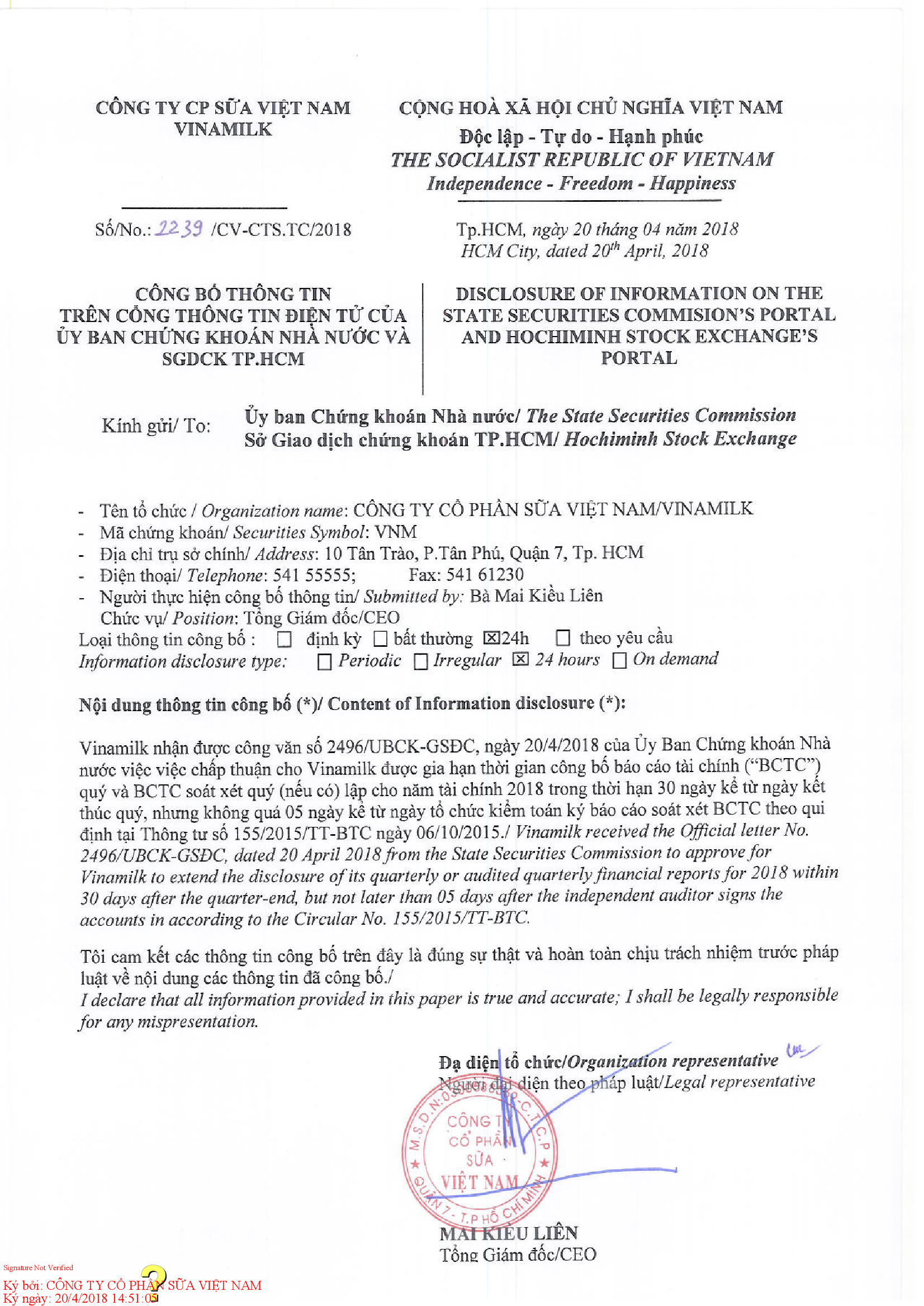 Disclosure of information on the state securities commision's portal and Hochiminh stock exchange's portal 1
