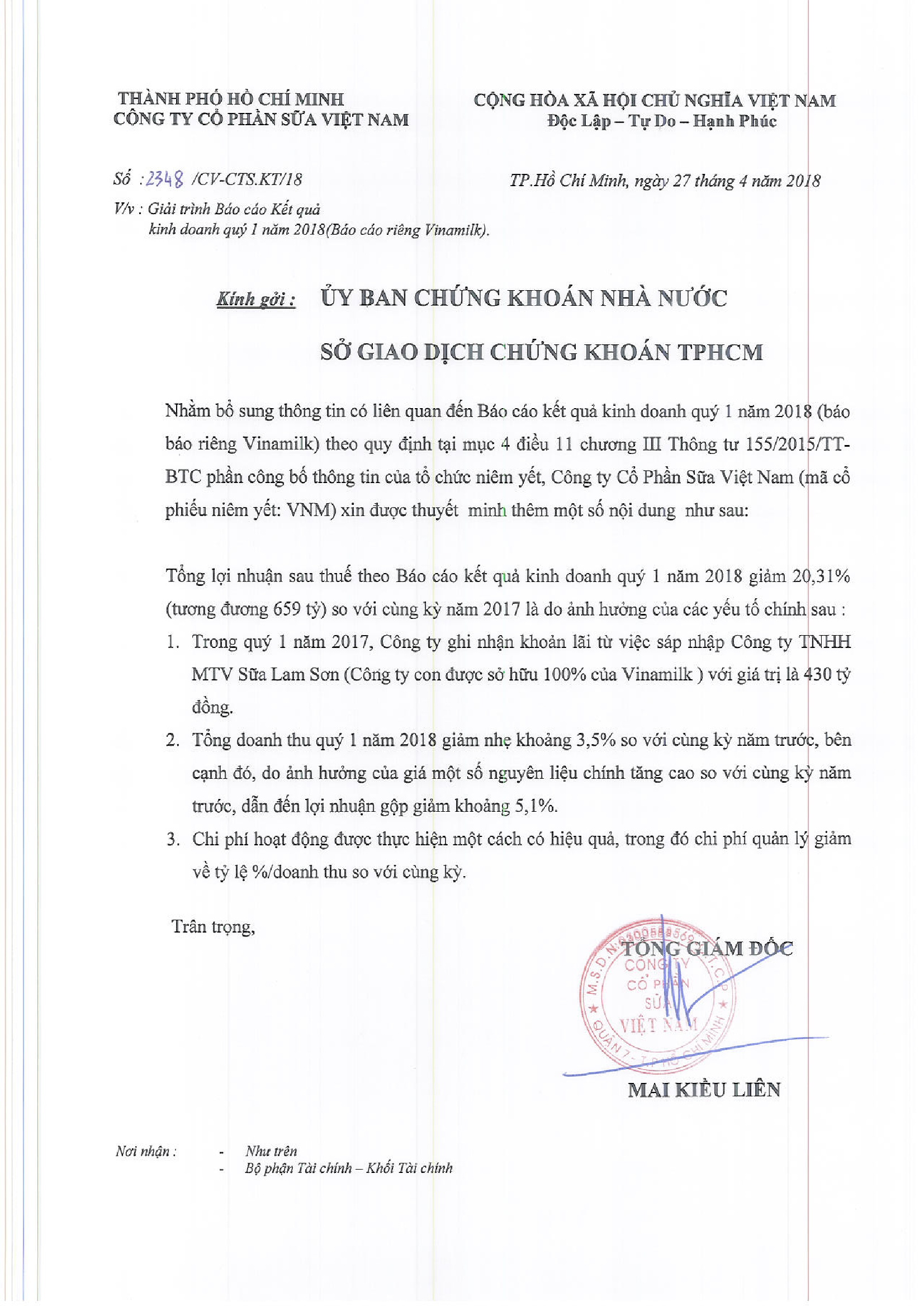 Giải trình biến động kết quả kinh doanh quý 1 năm 2018 của công ty mẹ 1