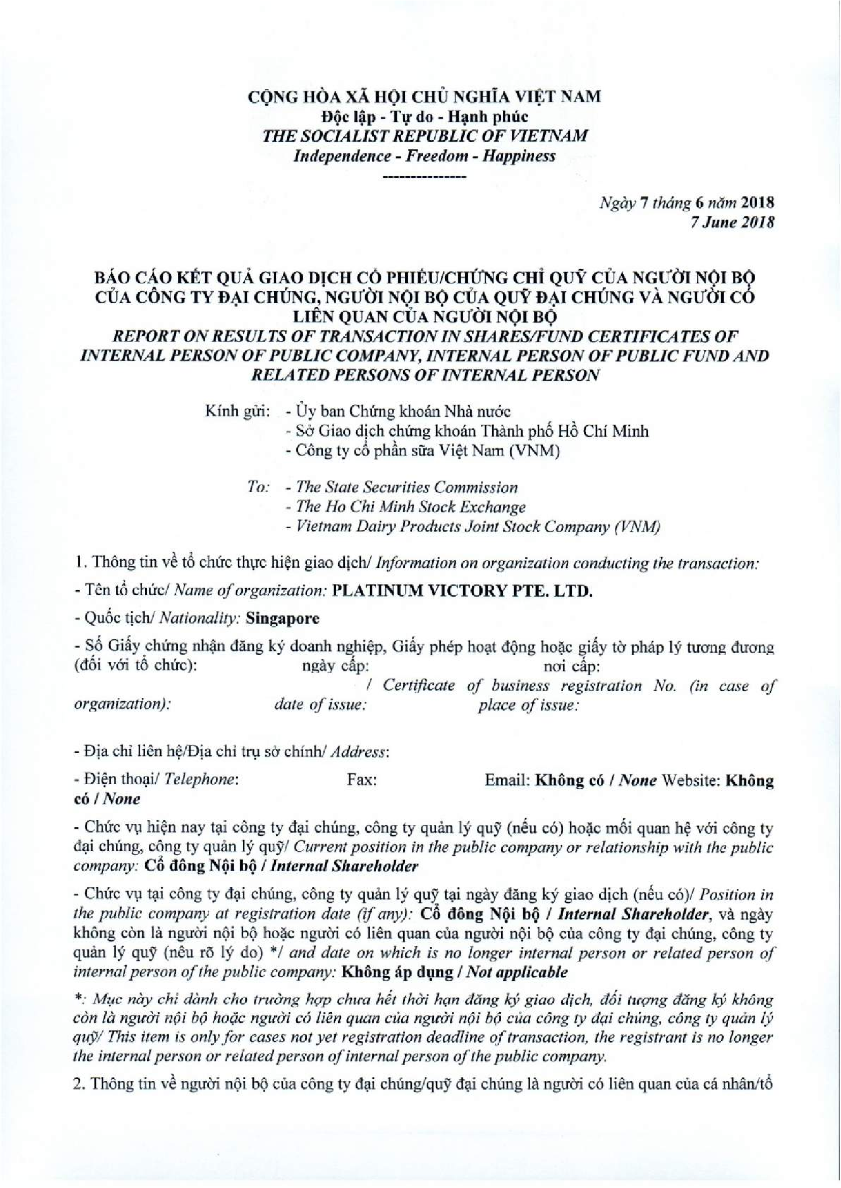 Report on results of transaction in shares/fund certificates of internal person of public company, internal person of public fund and related persons of internal person 1