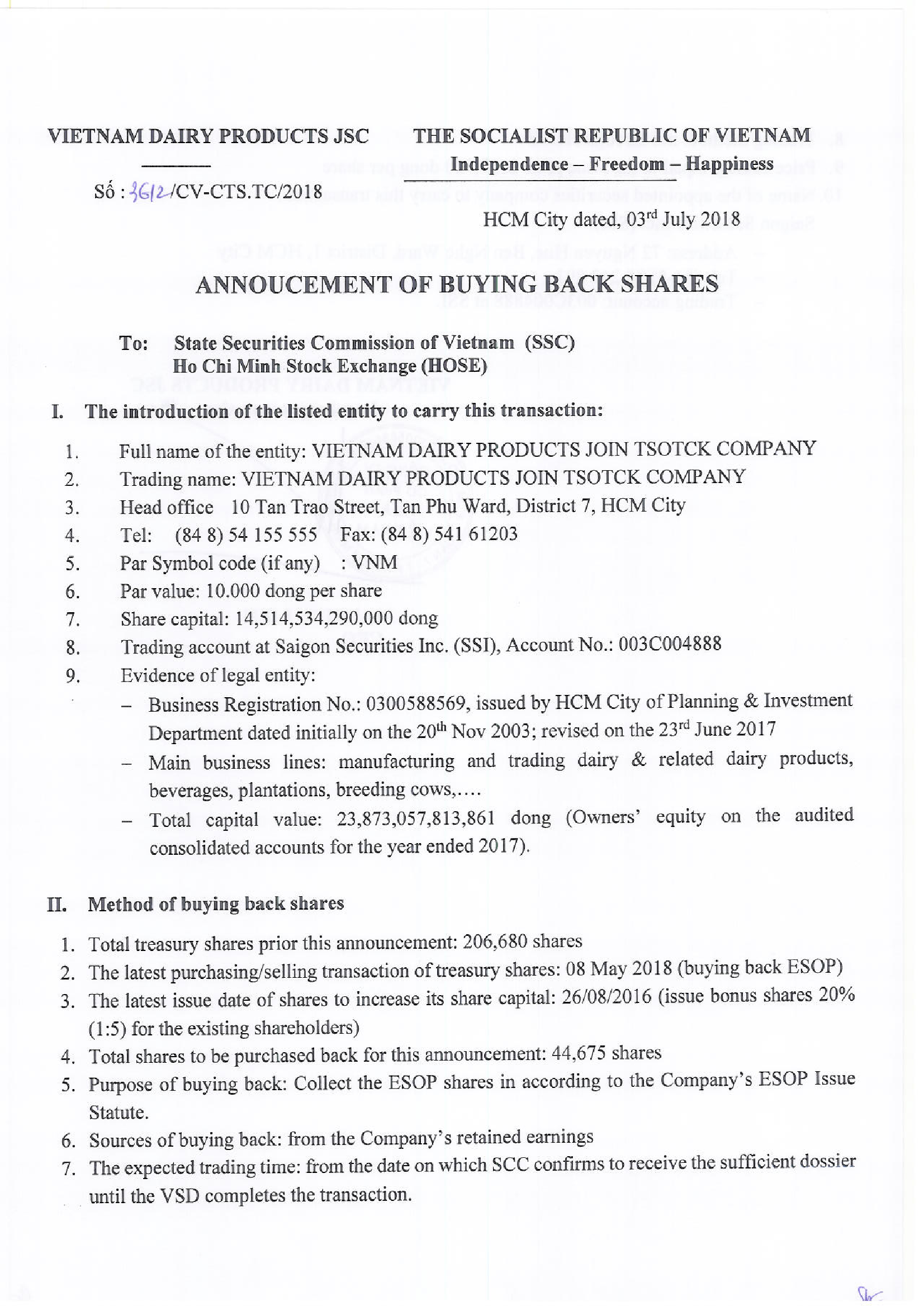 Annoucement of buying back shares 1