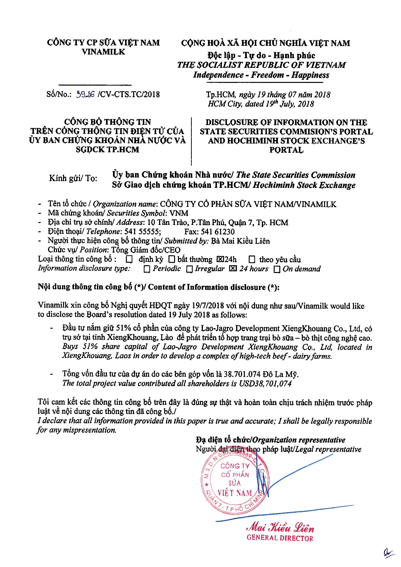 Vinamilk đầu tư 51% vào Công ty Lao Jagro tại Lào 1