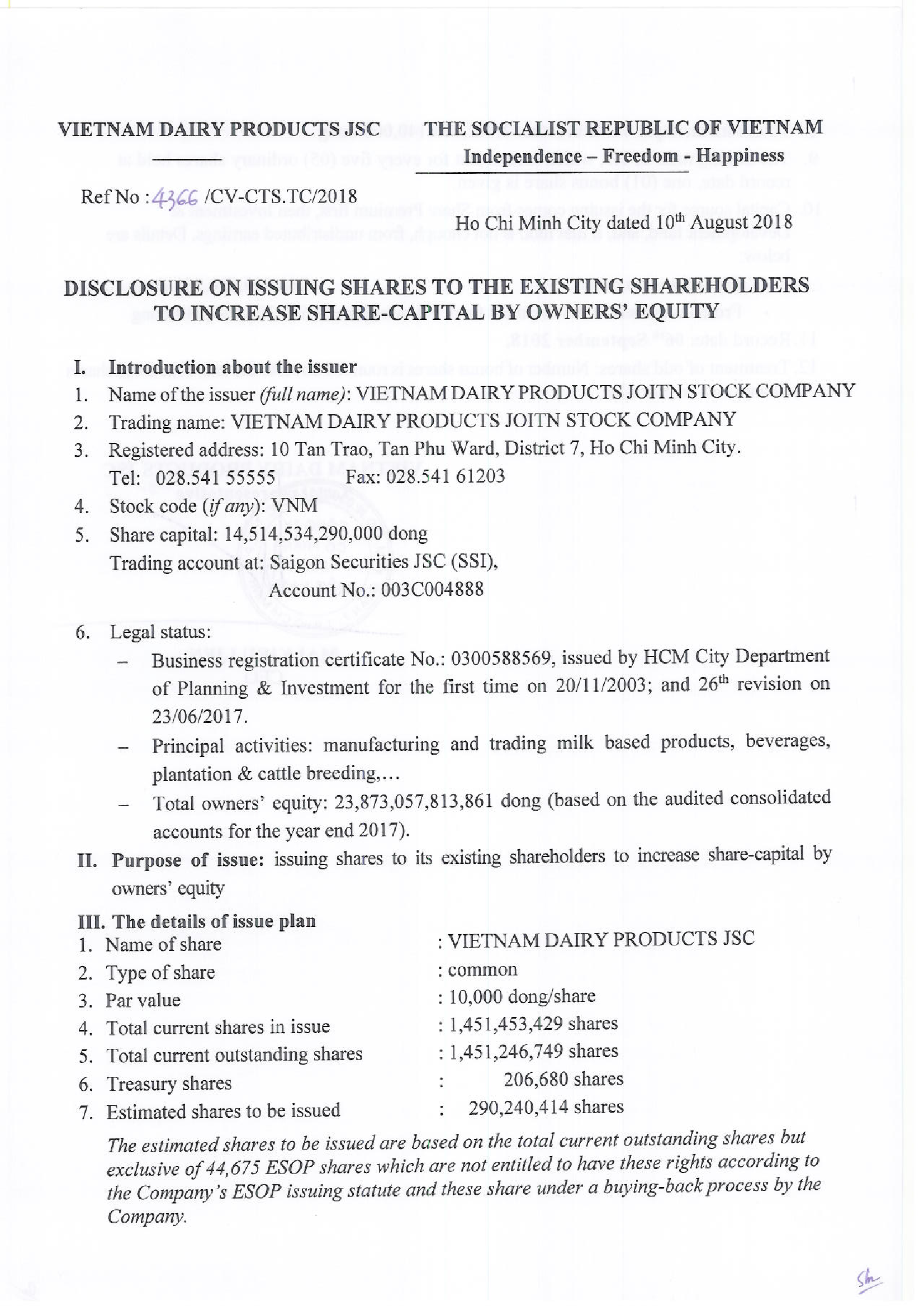 Disclosure on bonus issue 20% 1