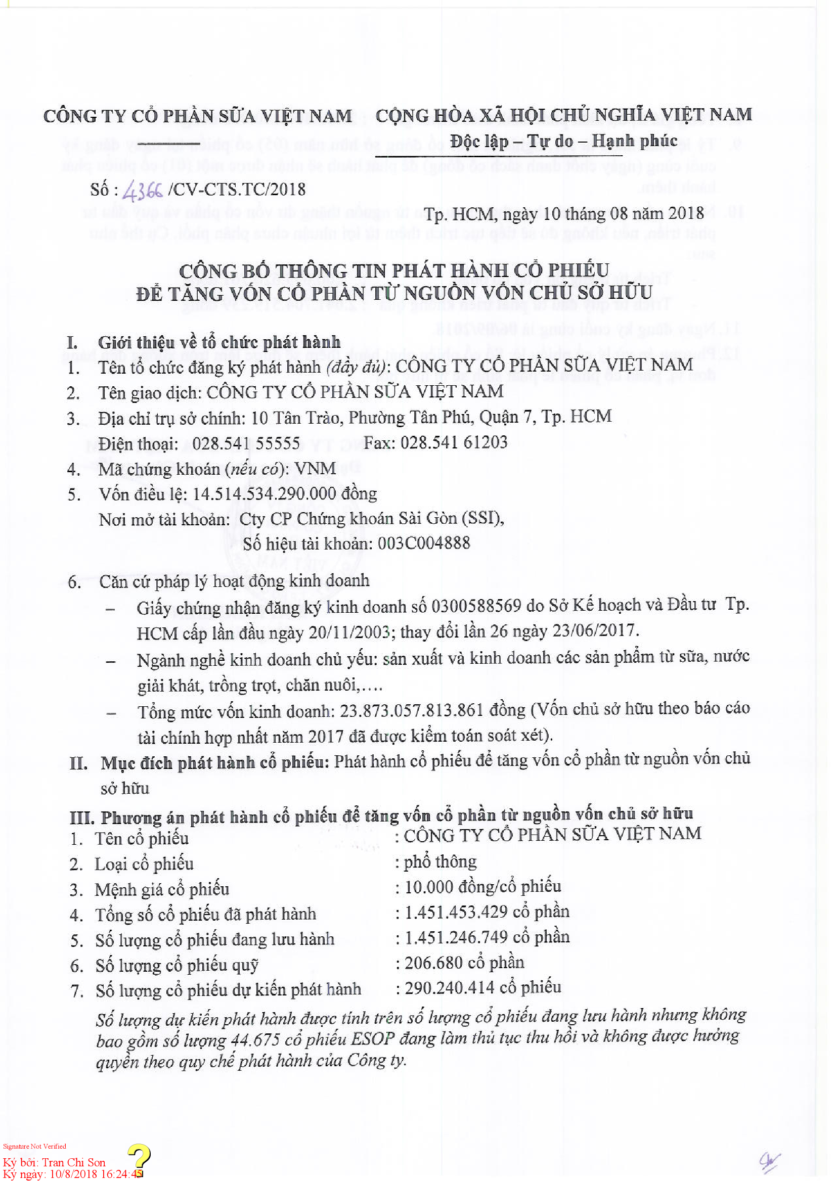 Công bố thông tin phát hành cổ phiếu 5:1 1