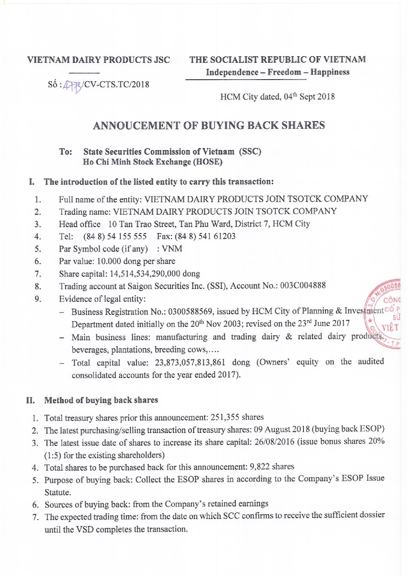 Annoucement of buying back shares 1