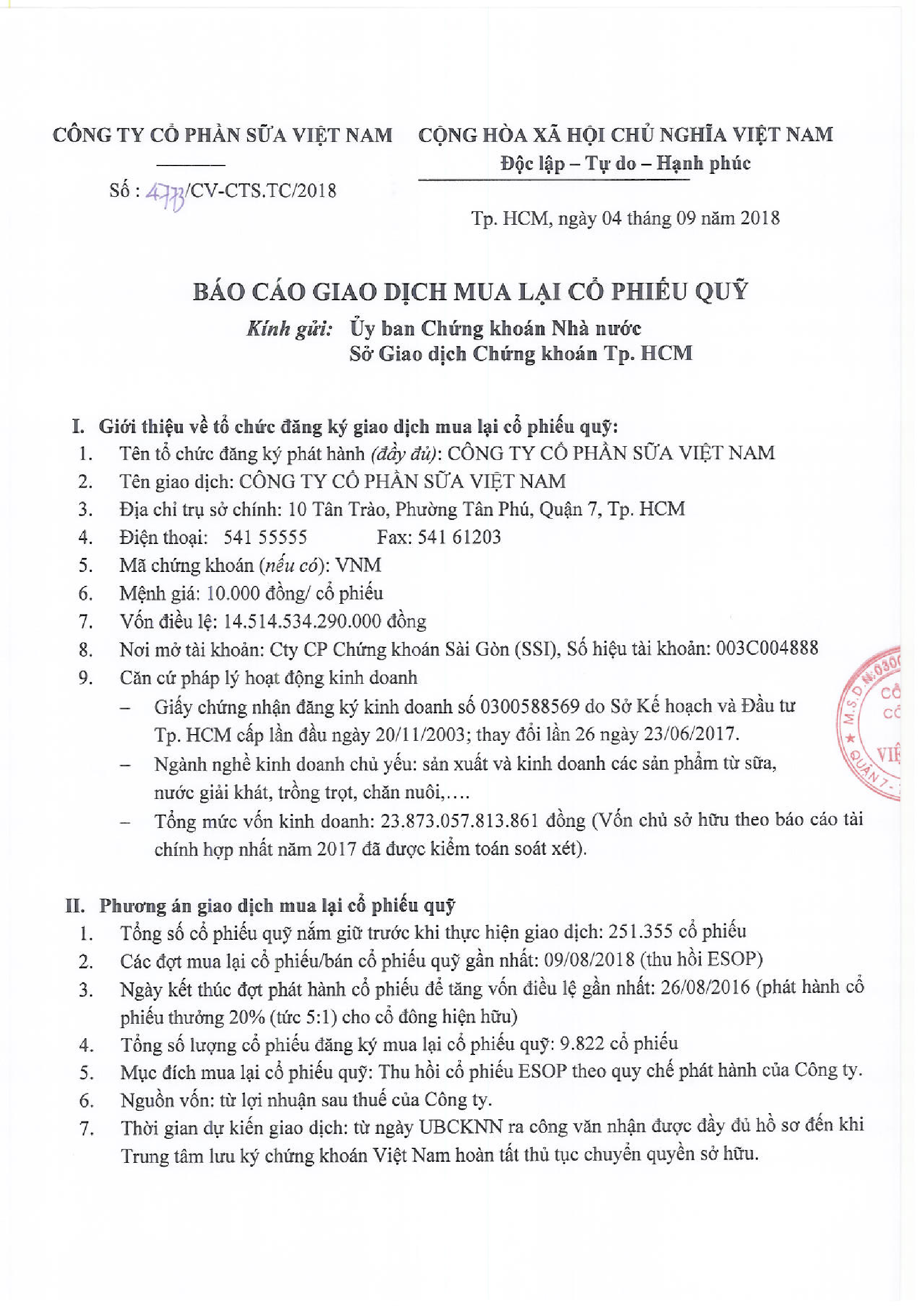 Báo cáo kết quả giao dịch mua lại cổ phiếu quỹ 1