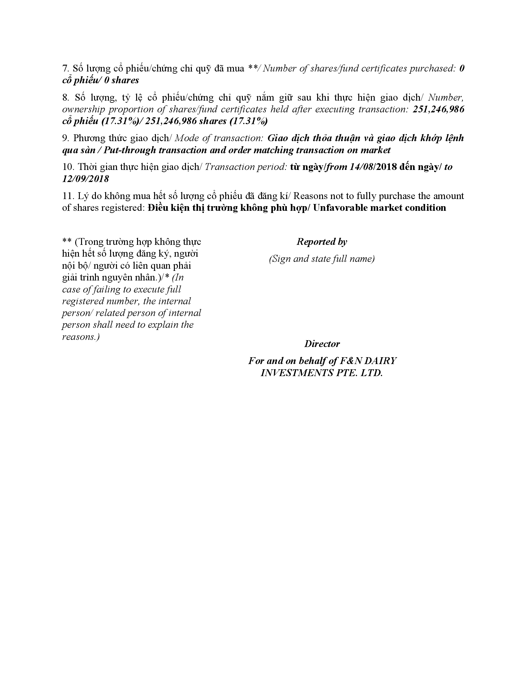 Report on results of transaction in shares/fund certificates of internal person of public company, internal person of public fund and related persons of internal person 3