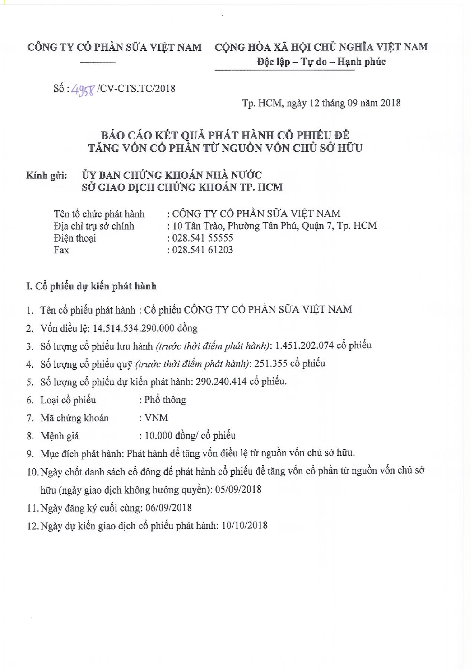 Báo cáo kết quả phát hành cổ phiếu thưởng 5-1 1