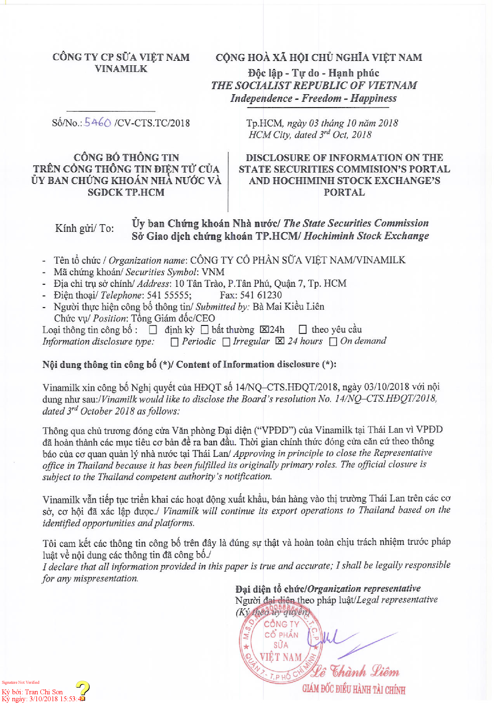 Disclosure of information on the state securities commision's portal and Hochiminh stock exchange's portal 1