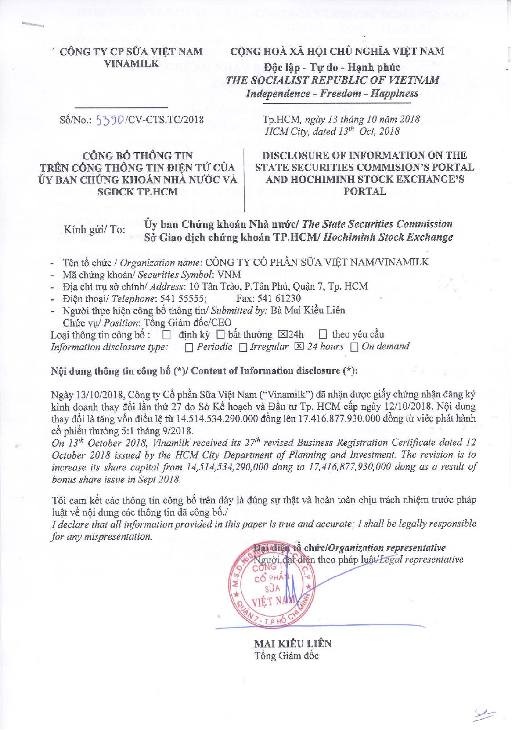 Disclosure of information on the state securities commision's portal and Hochiminh stock exchange's portal 1