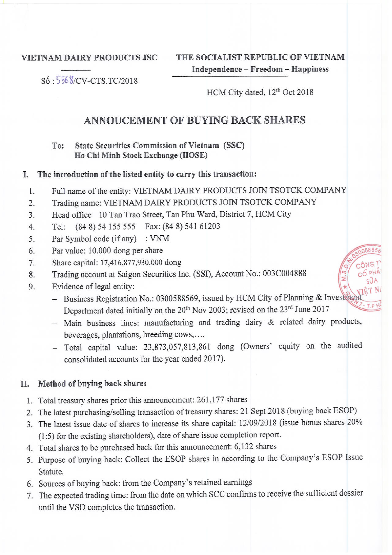 Annoucement of buying back shares 1