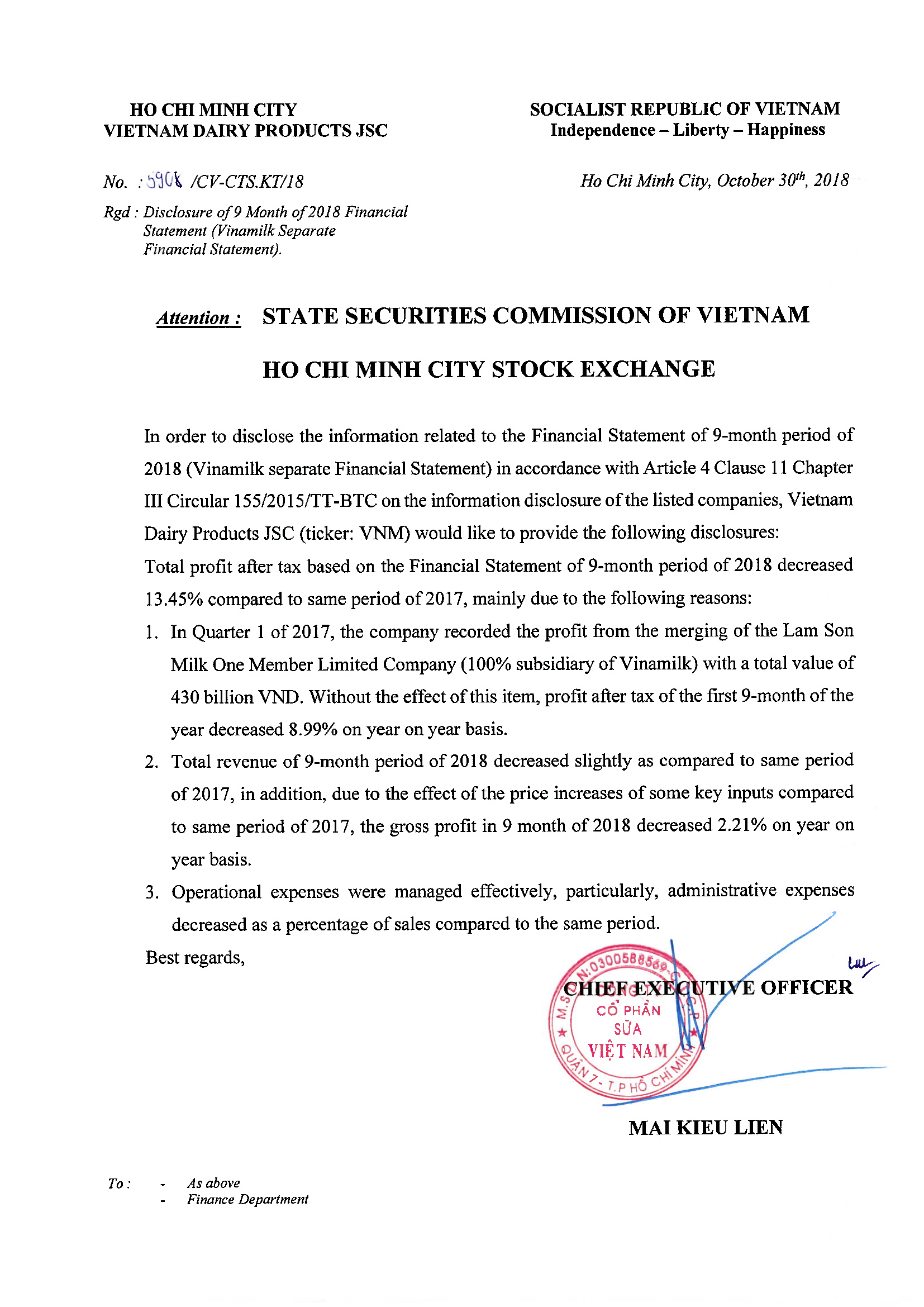Disclosure of 9 month of 2018 Finance statement (Vinamilk separate finance statement) 1