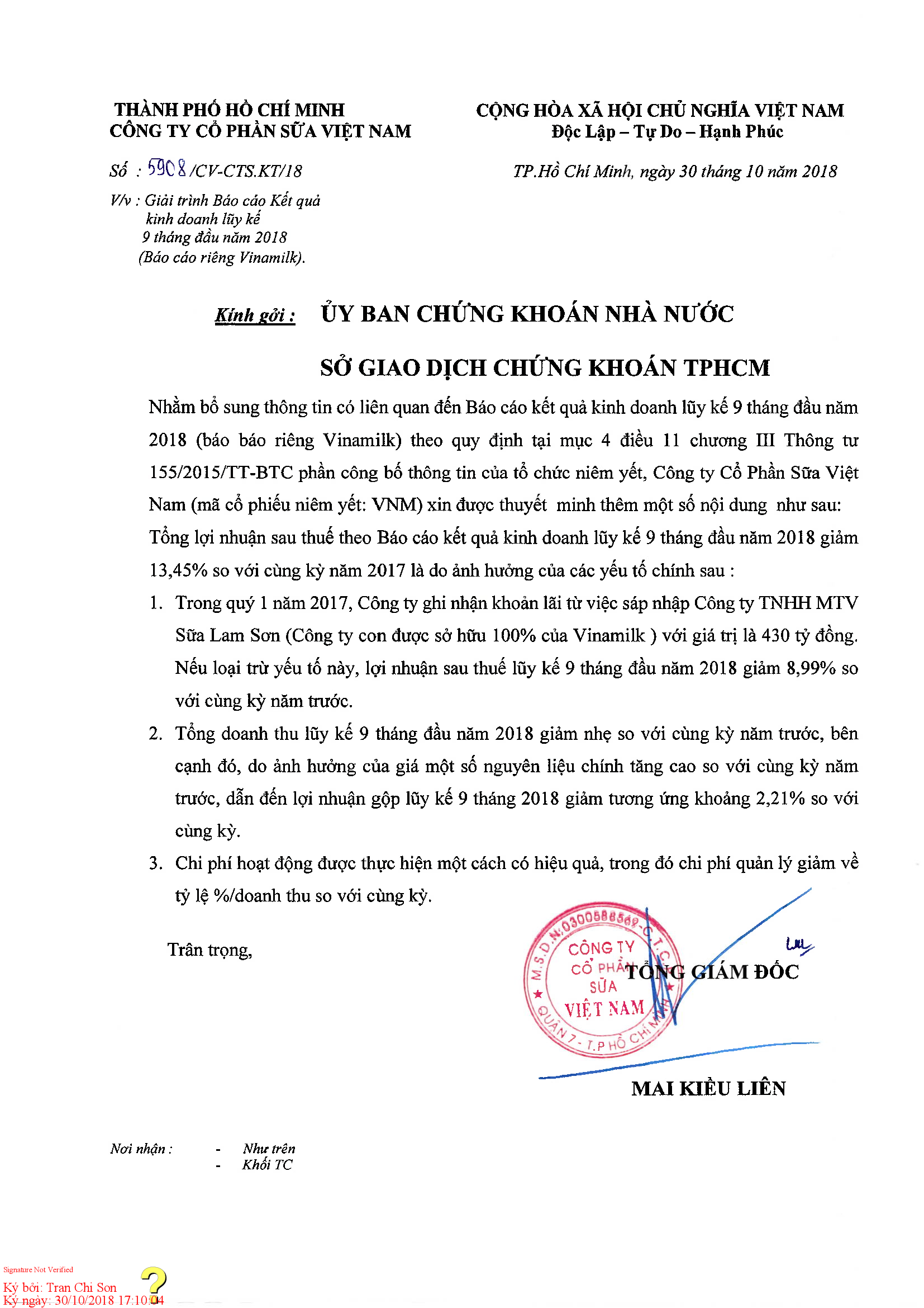 Giải trình báo cáo kết quả kinh doanh luỹ kế 9 tháng đầu năm 2018( báo cáo riêng Vinamilk) 1