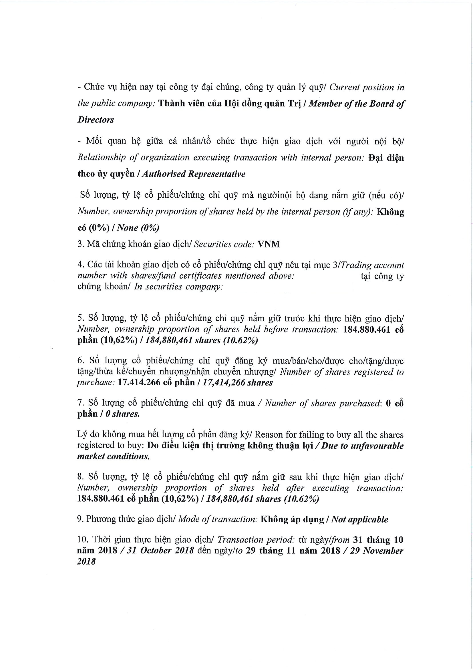 Report on results of transaction in shares/fund certificates of internal person of public company, internal person of public fund and related persons of internal person 3