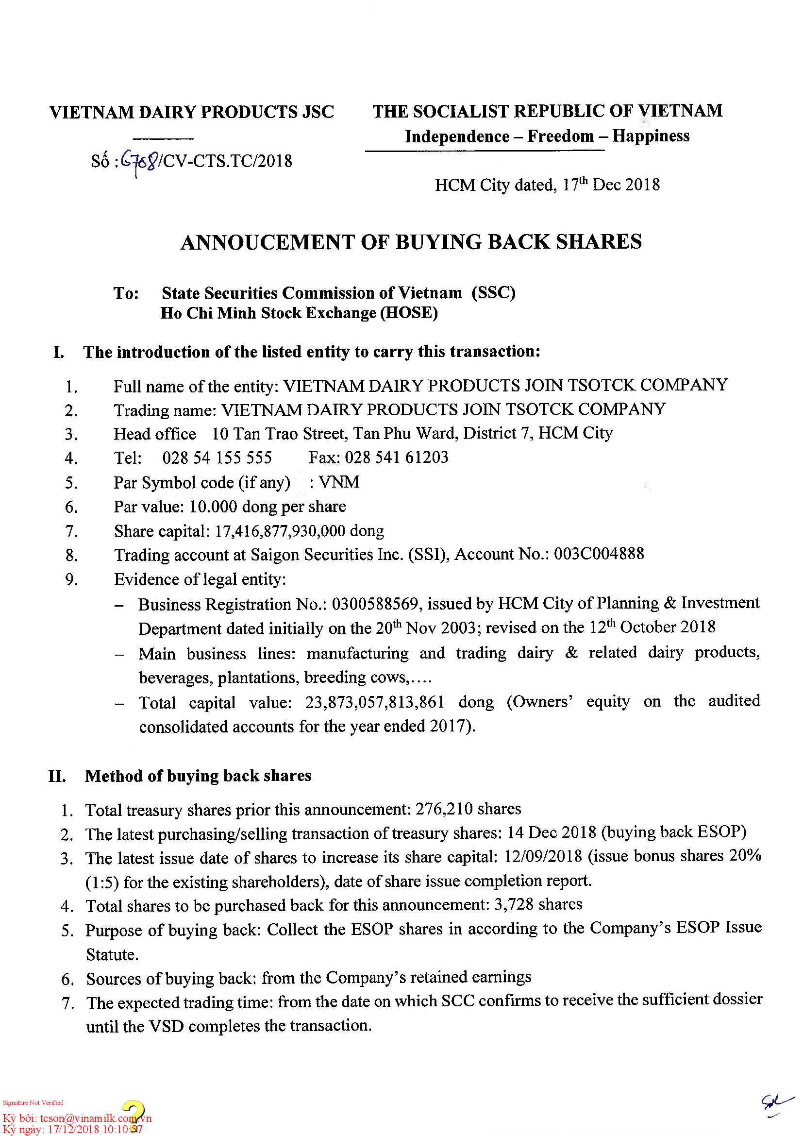 Annoucement of buying back shares 1