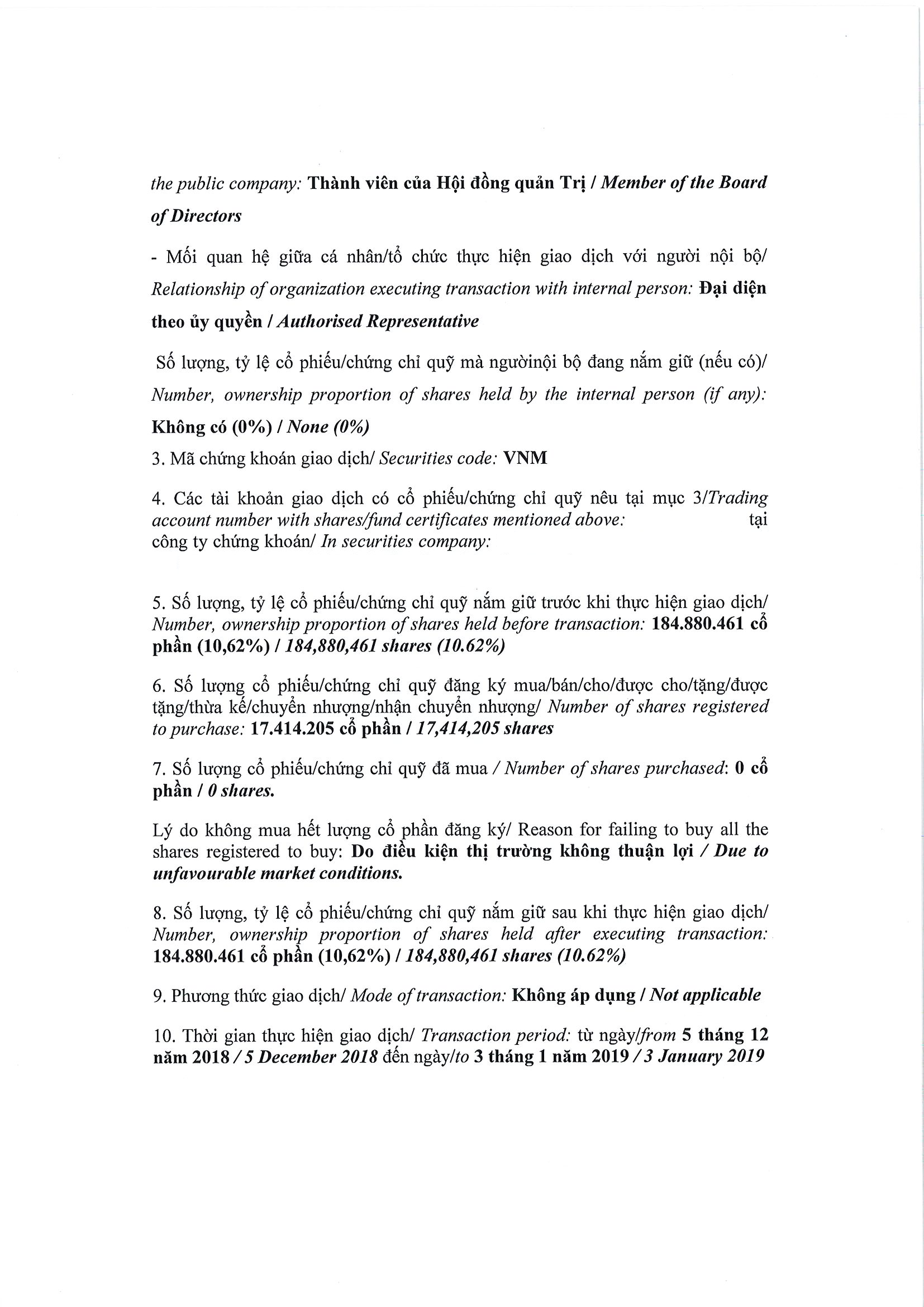 Báo cáo kết quả giao dịch cổ phiếu/chứng chỉ quỹ của người nội bộ của công ty đại chúng, người nội bộ của quỹ đại chúng và người có liên quan của người nội bộ 3