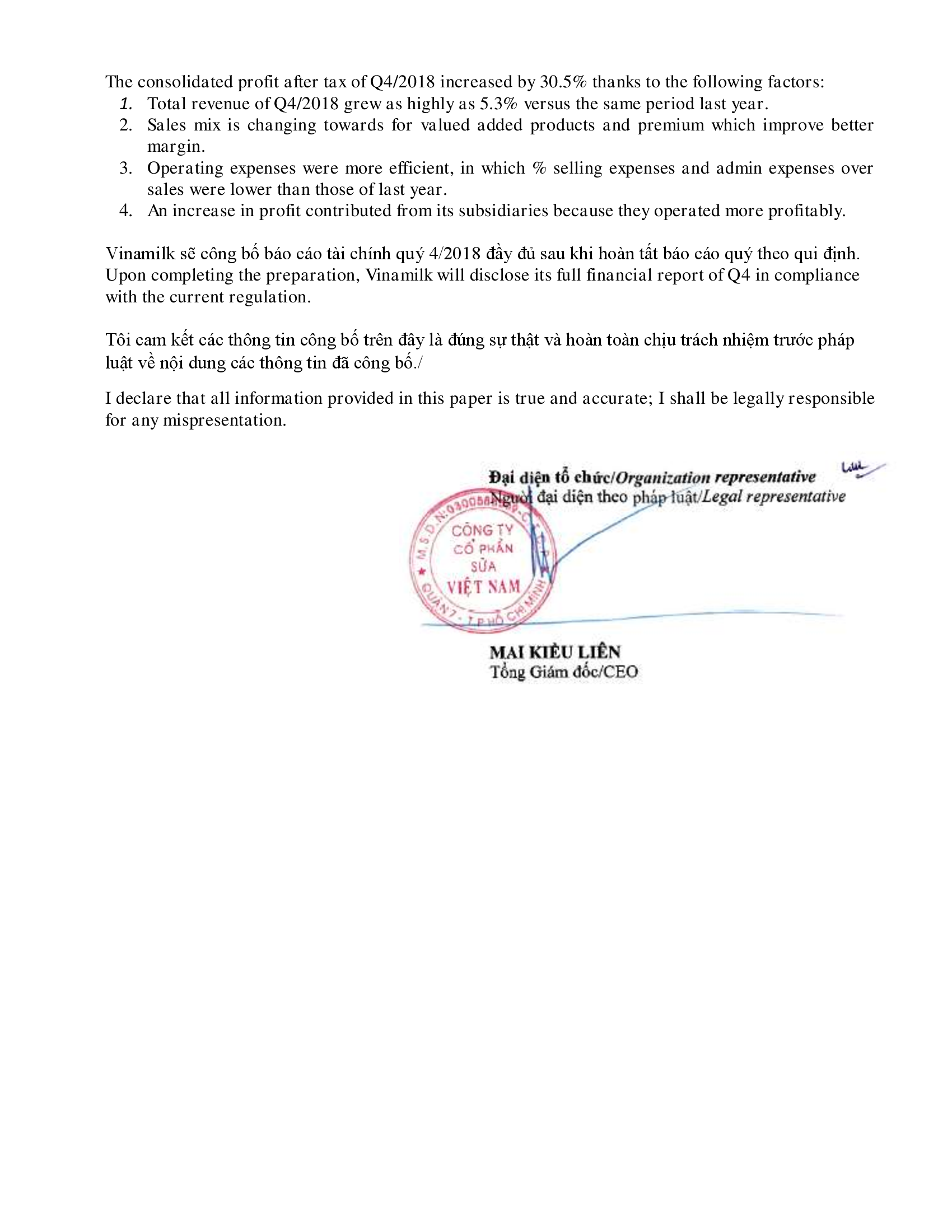 Công bố thông tin báo cáo nhanh về kết quả Q4/2018 hợp nhất 2