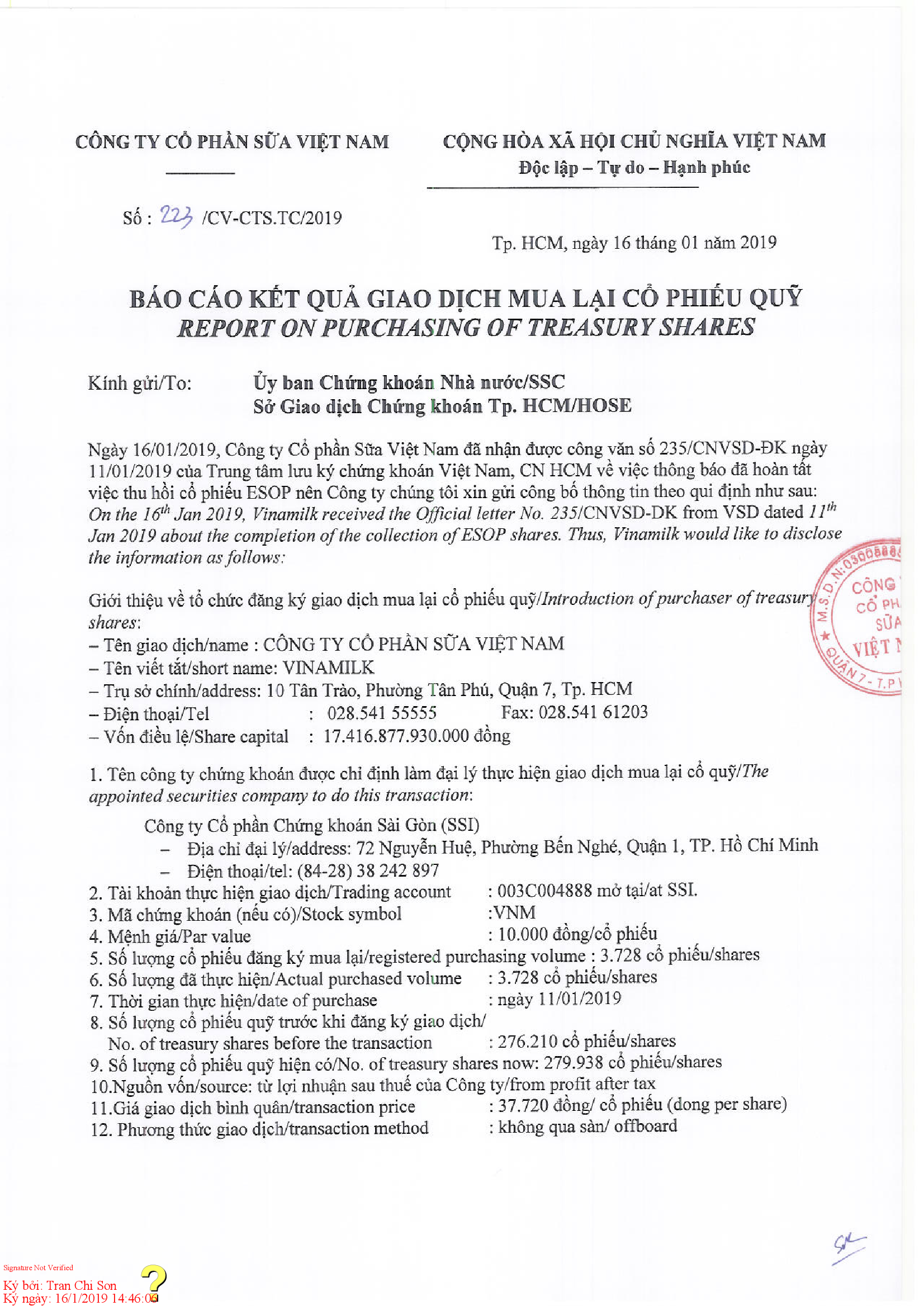 Report on purchasing of treasury shares 1