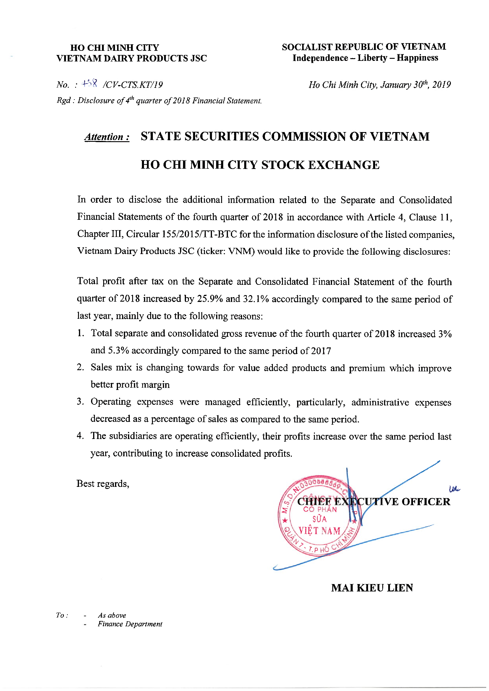 Disclosure of 4th quarter of 2018 Financer Statement 1