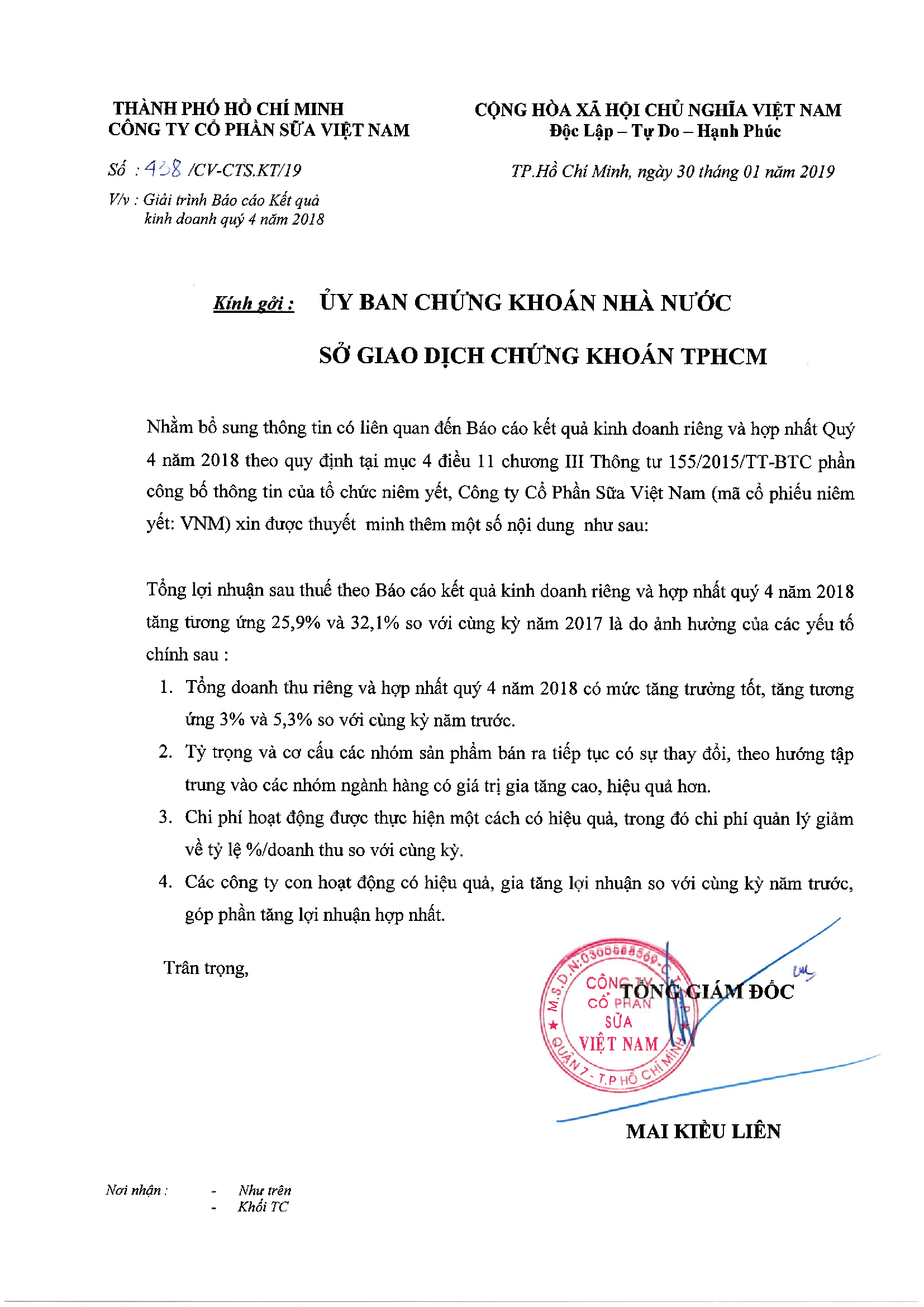 Giải trình báo cáo kết quả kinh doanh quý 4 năm 2018 1