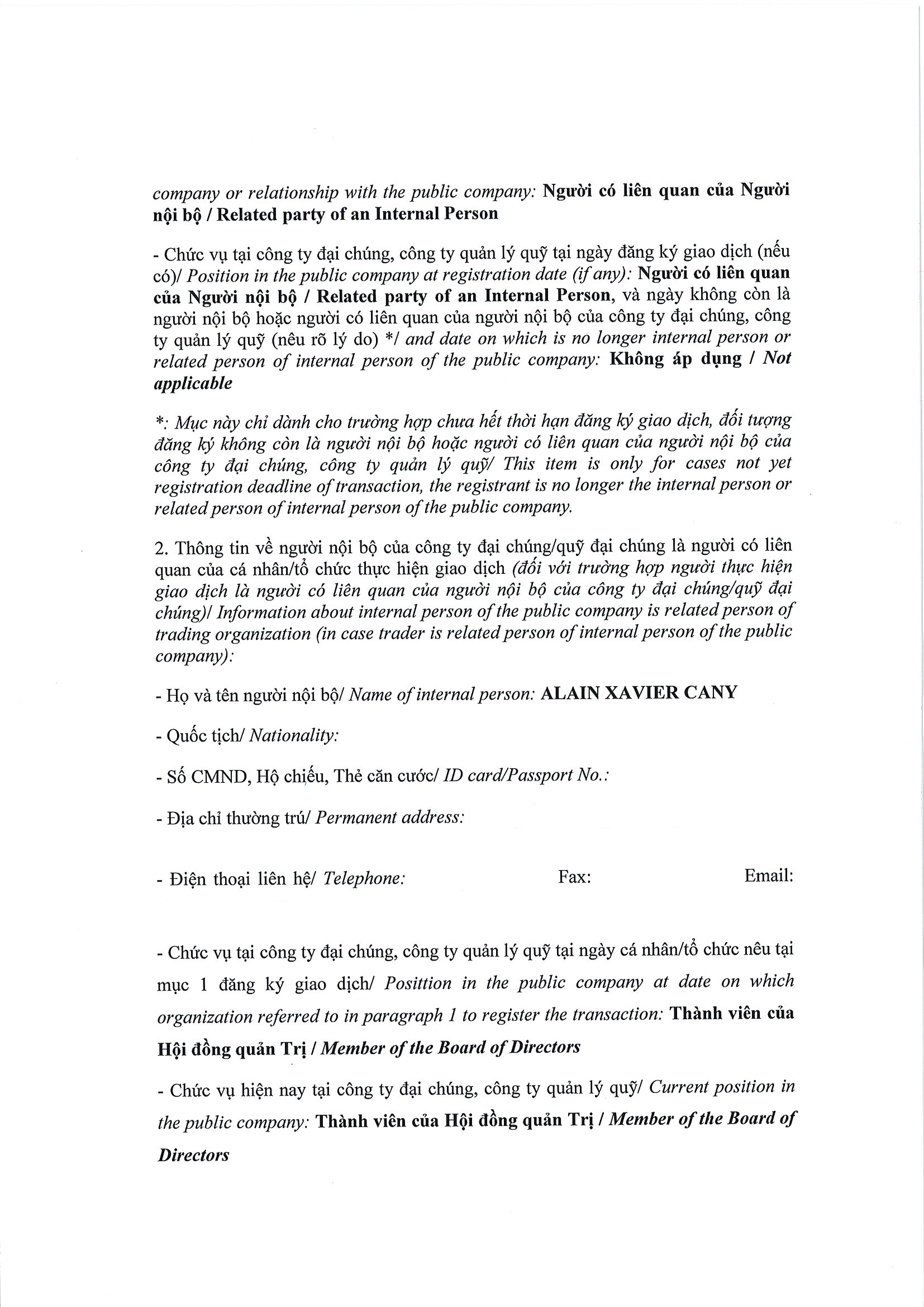 Báo cáo kết quả giao dịch cổ phiếu/chứng chỉ quỹ của người nội bộ của công ty đại chúng, người nội bộ của quỹ đại chúng và người có liên quan của người nội bộ 2