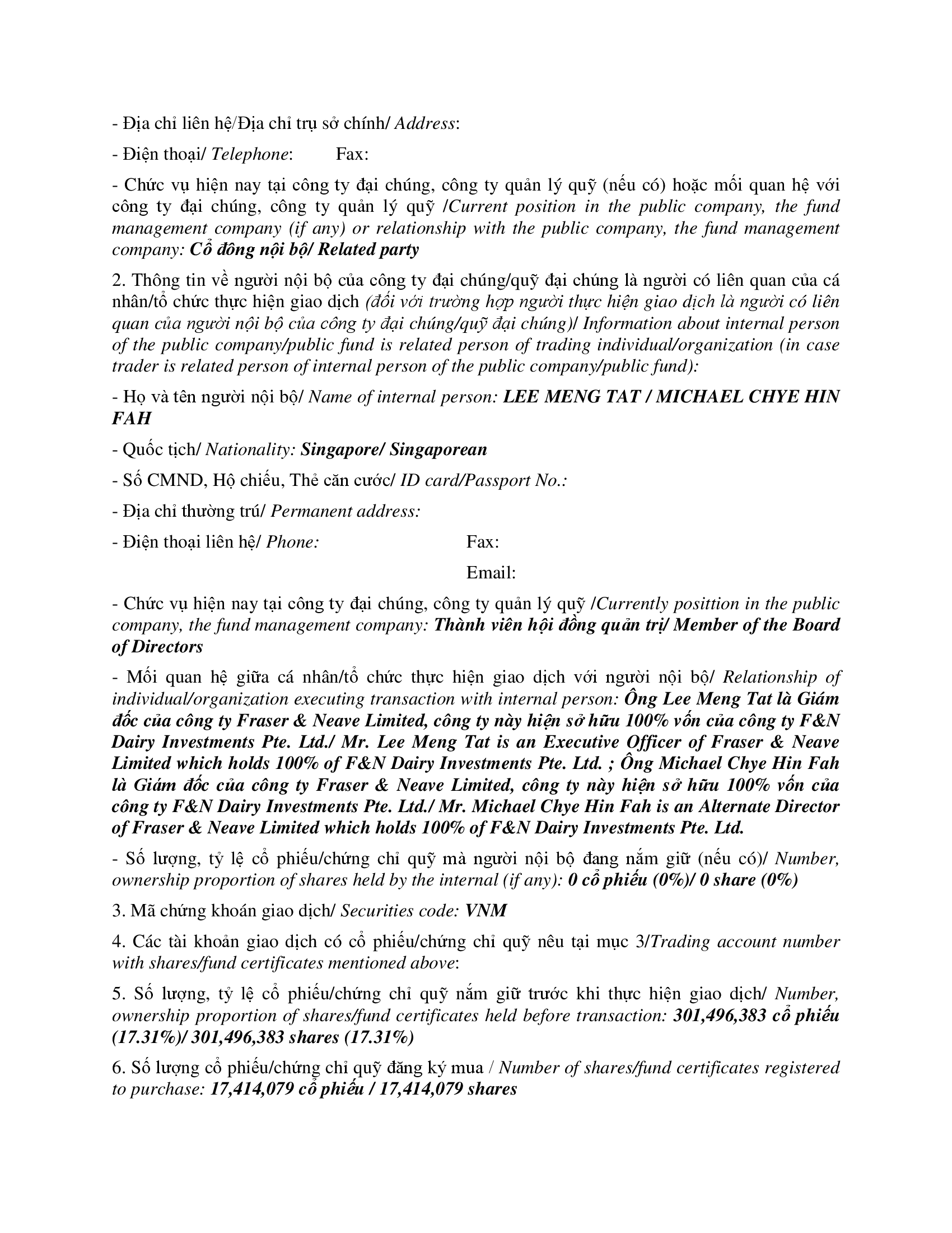 Báo cáo kết quả giao dịch cổ phiếu/chứng chỉ quỹ của người nội bộ của công ty đại chúng, người nội bộ của quỹ đại chúng và người có liên quan của người nội bộ 2